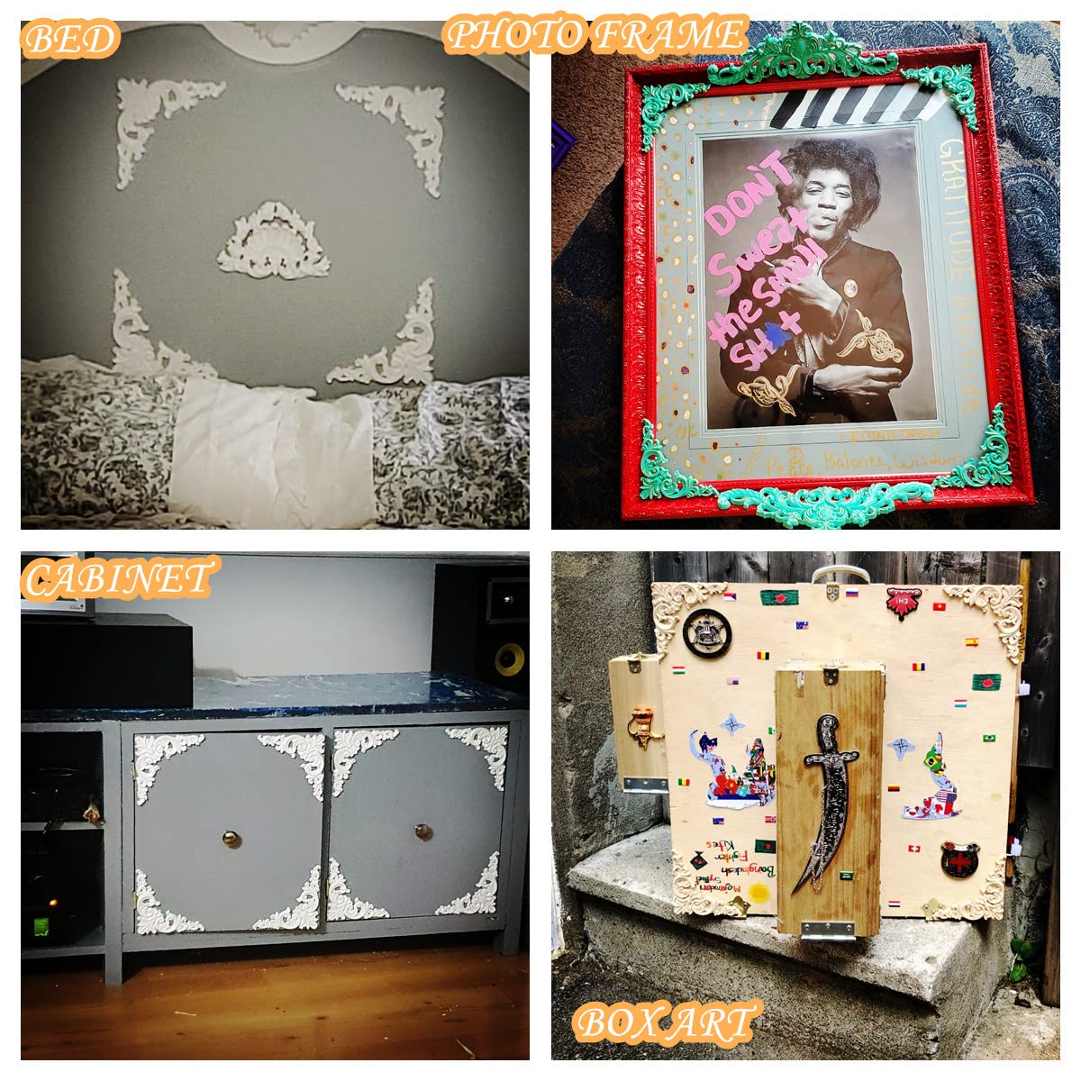 Muxsam 4-Pack Wood Applique Onlay, Unpainted Wooden Carved Corner Decals, Retro Carvings Embellishments For Door Cabinet Bed Wal