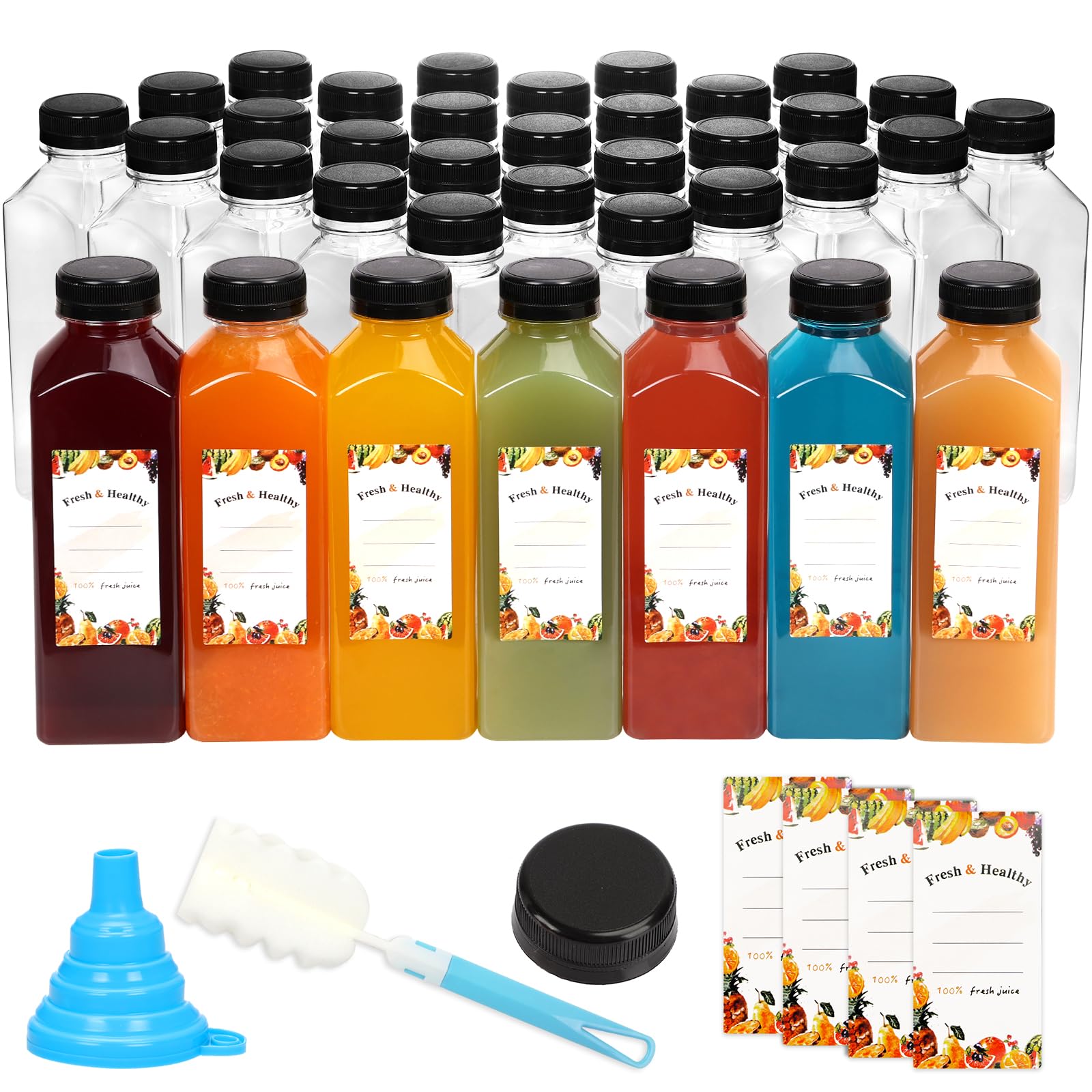 Moretoes 36pcs 16oz Juice Bottles, Plastic Bottles with Lids, Reusable Clear Containers for Juice, Smoothies, Cola, Water and Ot