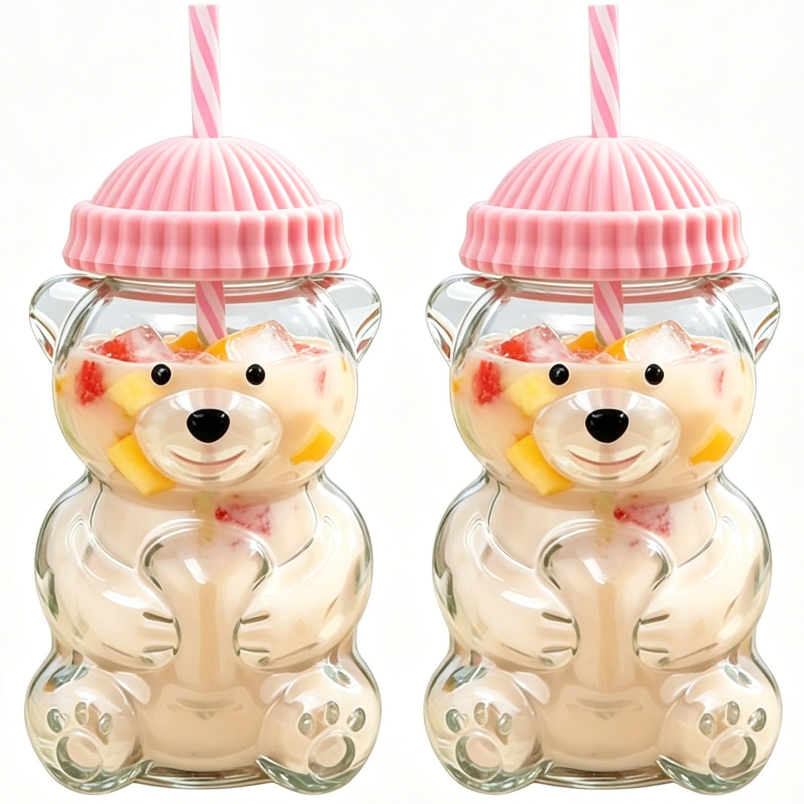Gzwallxi New Glass Bear Straw Cup  Reusable Glass Cute Bear Cup for Smoothies Boba Iced Coffee Cocktails (2, Pink)