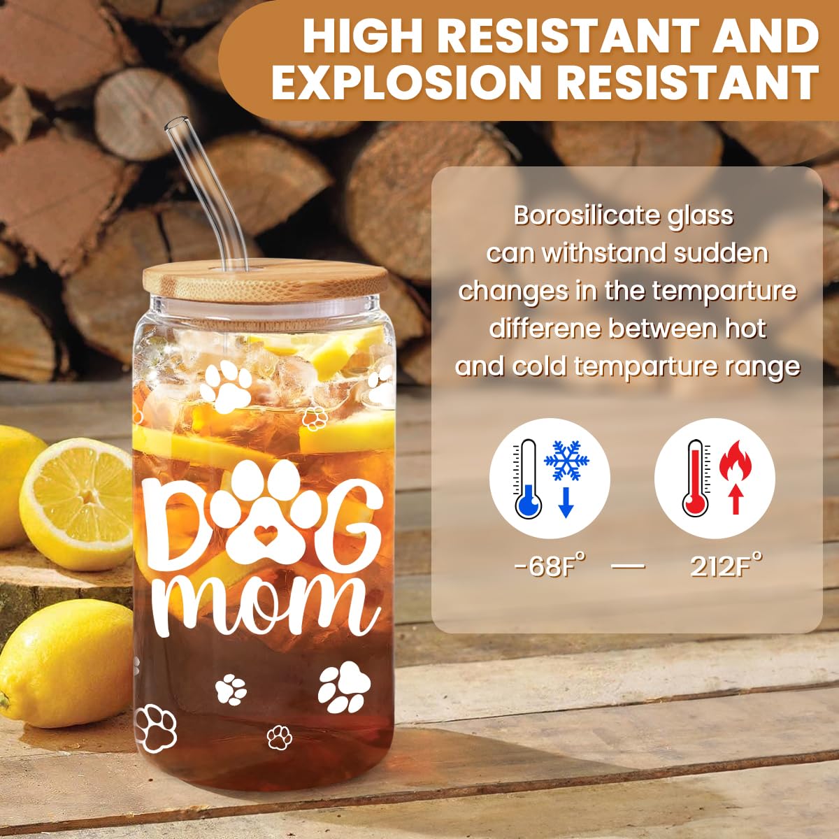 Dog Mom Cup 16 Oz Can Glass Coffee Mug with Bamboo Lid & Straw - Dog Lover Gifts for Women - Dog Mom Gift for Birthday Mothers D