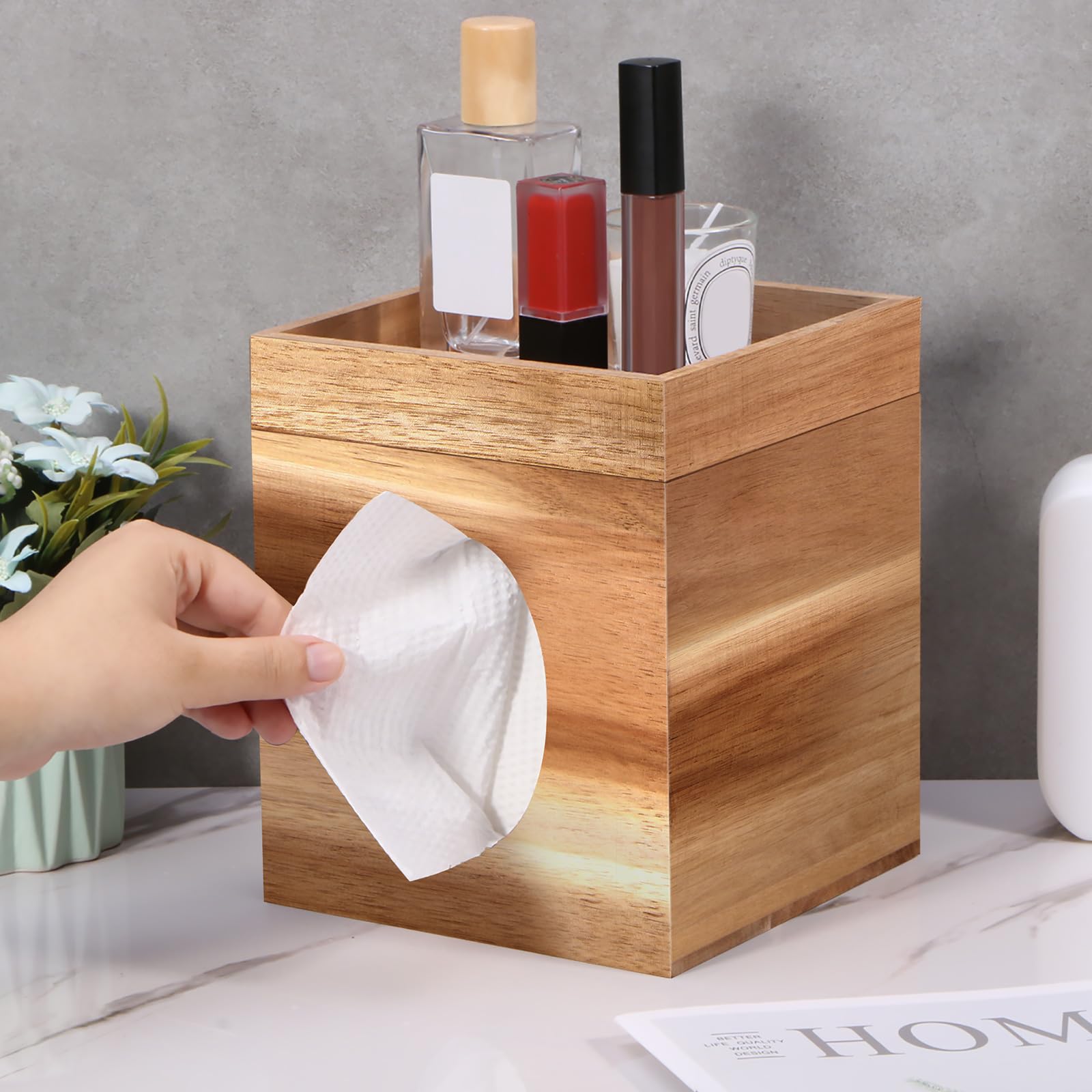 Tissue Box Cover, Wood Tissue Box Cover With Storage Tray Square Tissue Box Covers Holder For Bathroom, Bedroom, Dinner Table, O