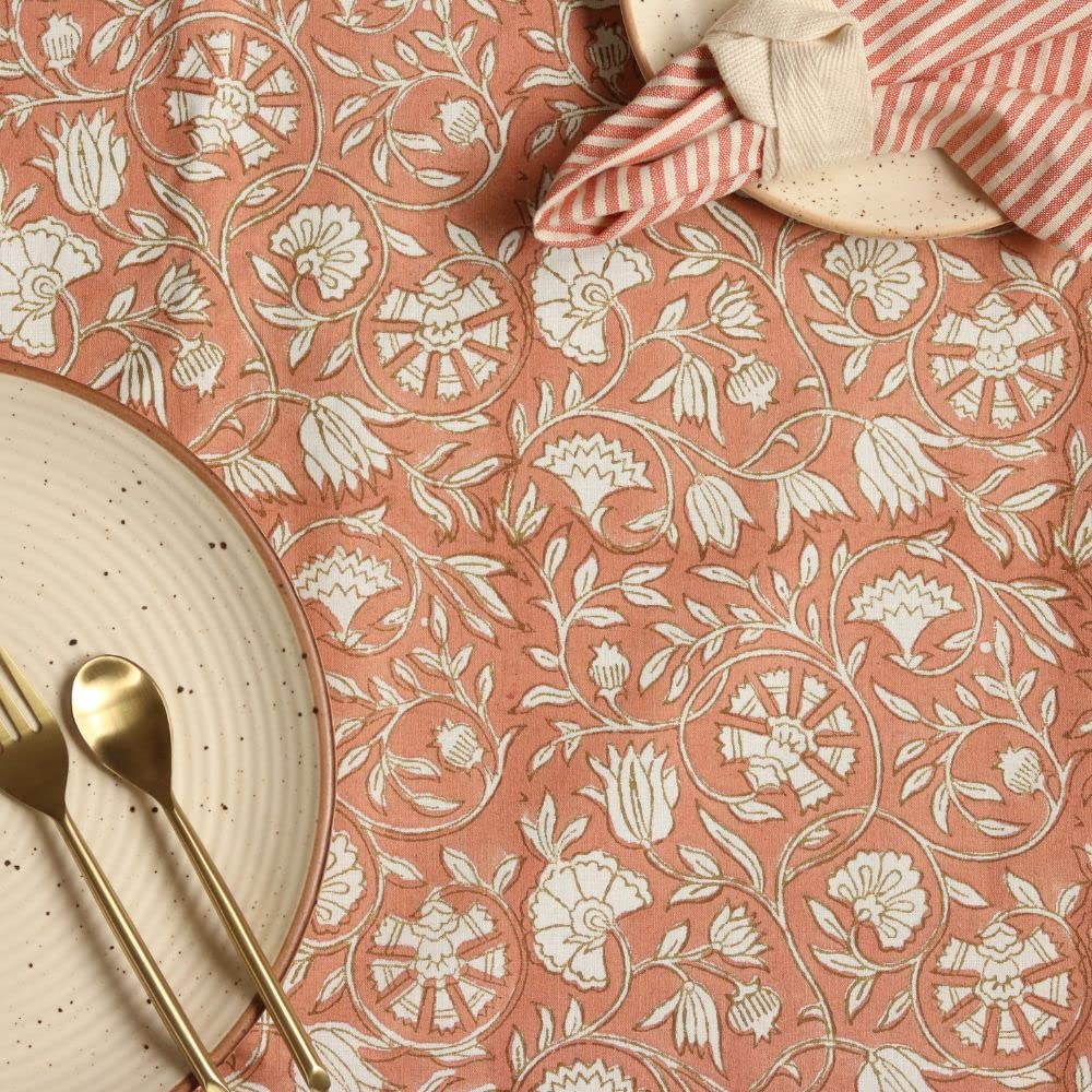 THE YARD HOUSE Wipeable & AntiSlip Cotton Table Cover  Dusty Rose, Oval  6 Seater (150Cmx225Cm) | Protects Against Spills & S