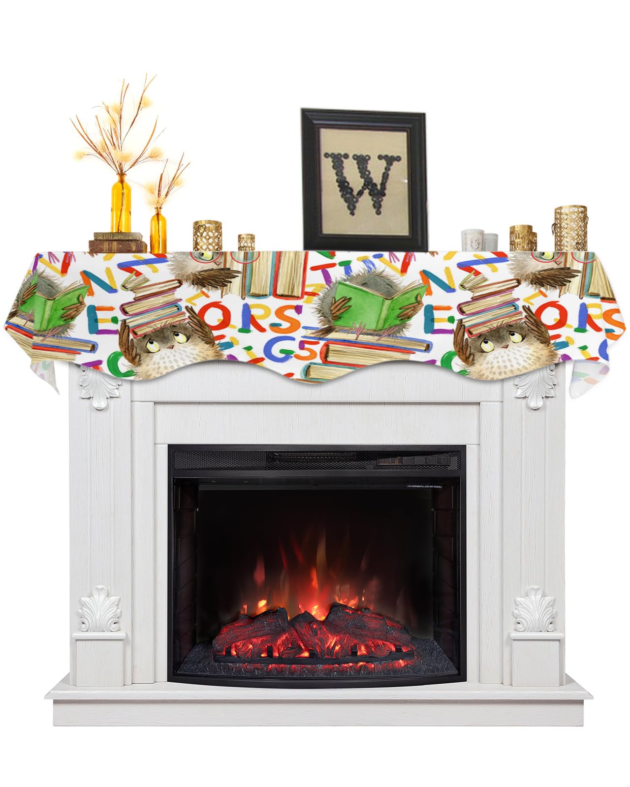 Victoroes Mantle Scarf 90 X 17 Inch, Back To School Season Cartoon Owl Book Fireplace Mantel Scarf Mantel Cover Runner For Home