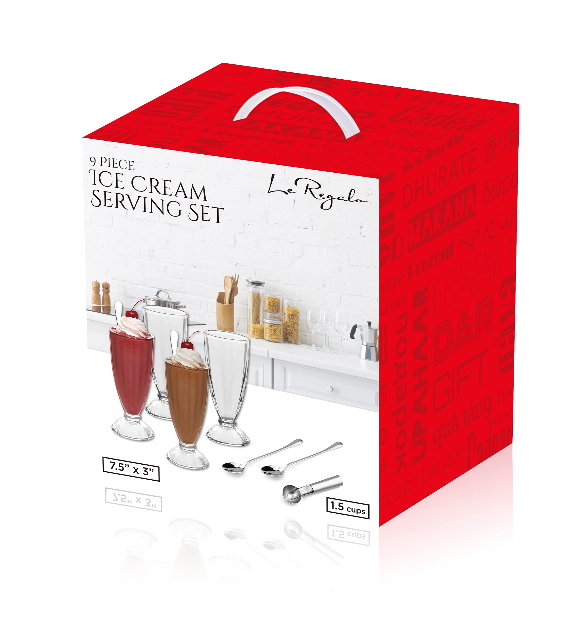 Le Regalo 9 Piece Ice Cream Serving Set - 4 Ice Cream Cups, 4 Ice Cream Spoons And 1 Scoop For Sundaes, Milkshakes, Ice Creams A