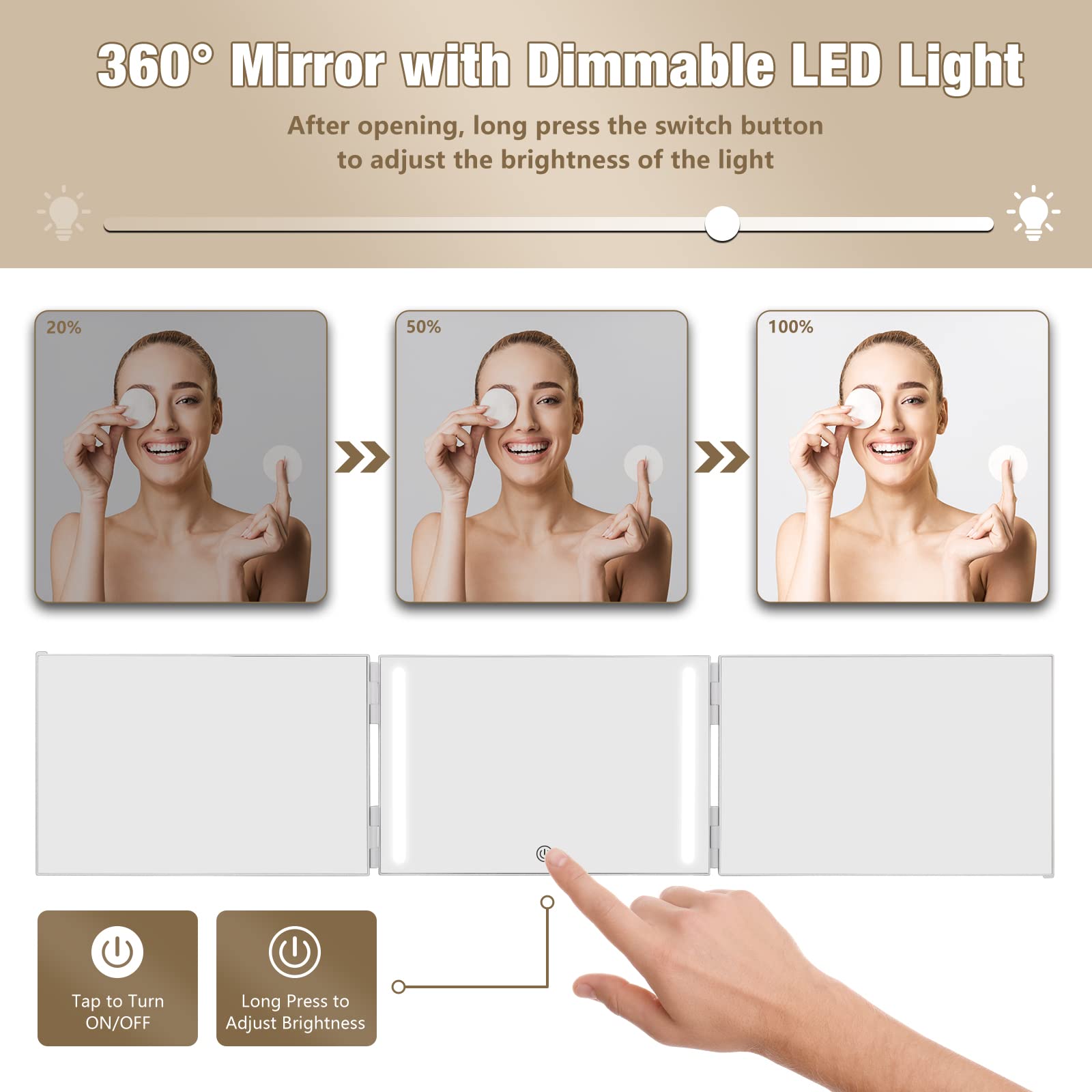 Dripex 3 Way Mirror For Self Hair Cutting, Rechargeable 360 Mirror With Led Lights, Trifold Self Haircut Mirror With Height Adju