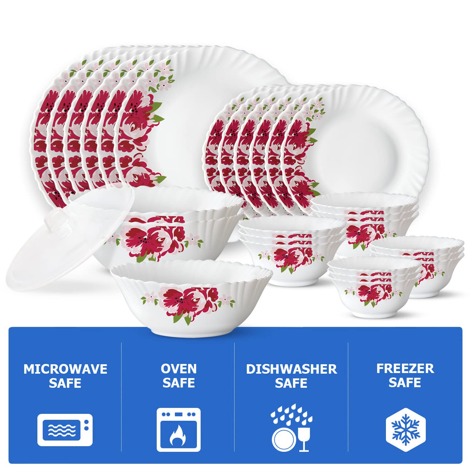 Borosil Gourmet Dinnerware Set For 6, 35 Pieces, White Dinner Plates and Bowls , Chip Resistant Tempered Opal Glass, Stain Resis