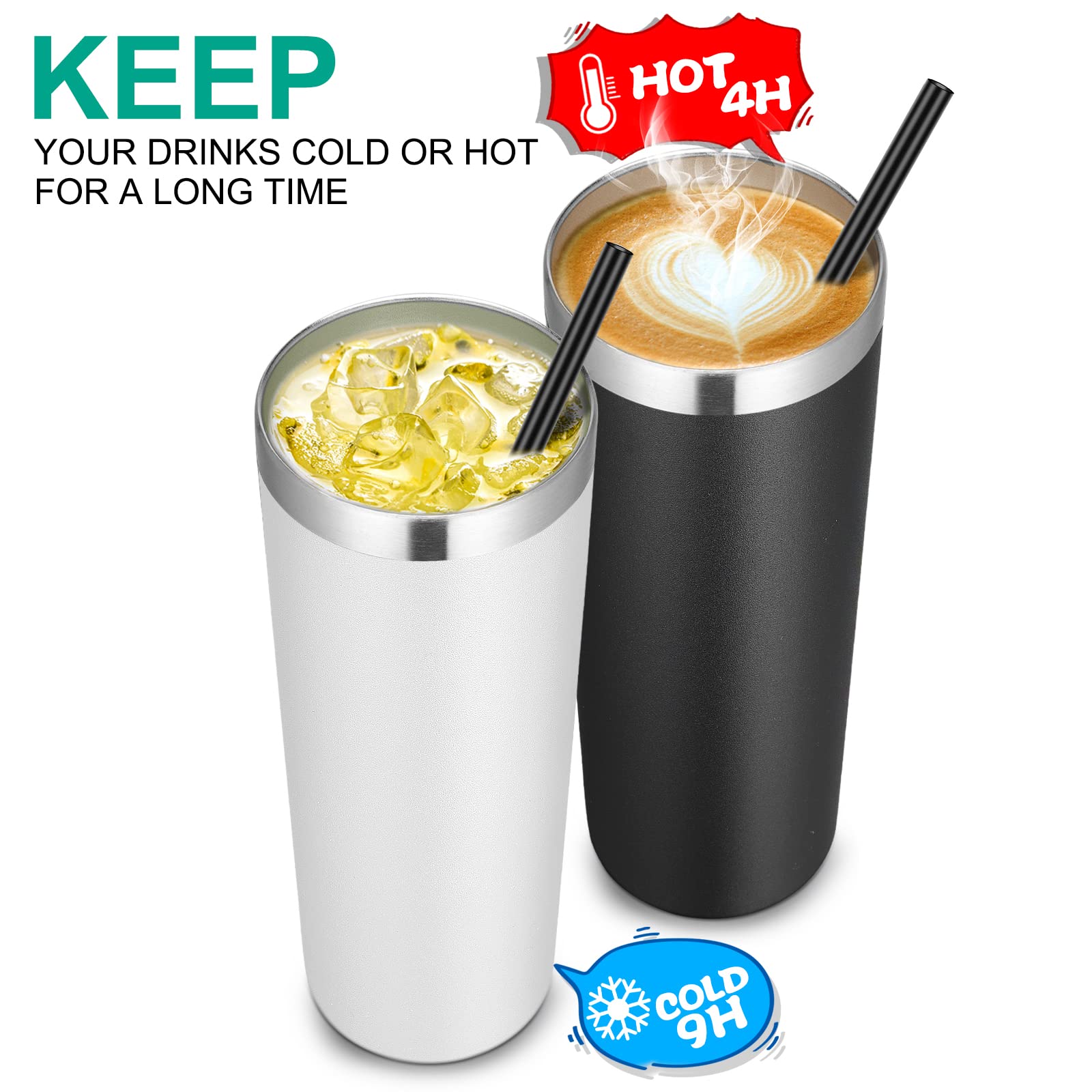 Vegond Stainless Steel Tumblers Bulk 6 Pack, 20 Oz Vacuum Insulated Skinny Tumblers With Lid And Straw, Double Wall Coffee Mug,