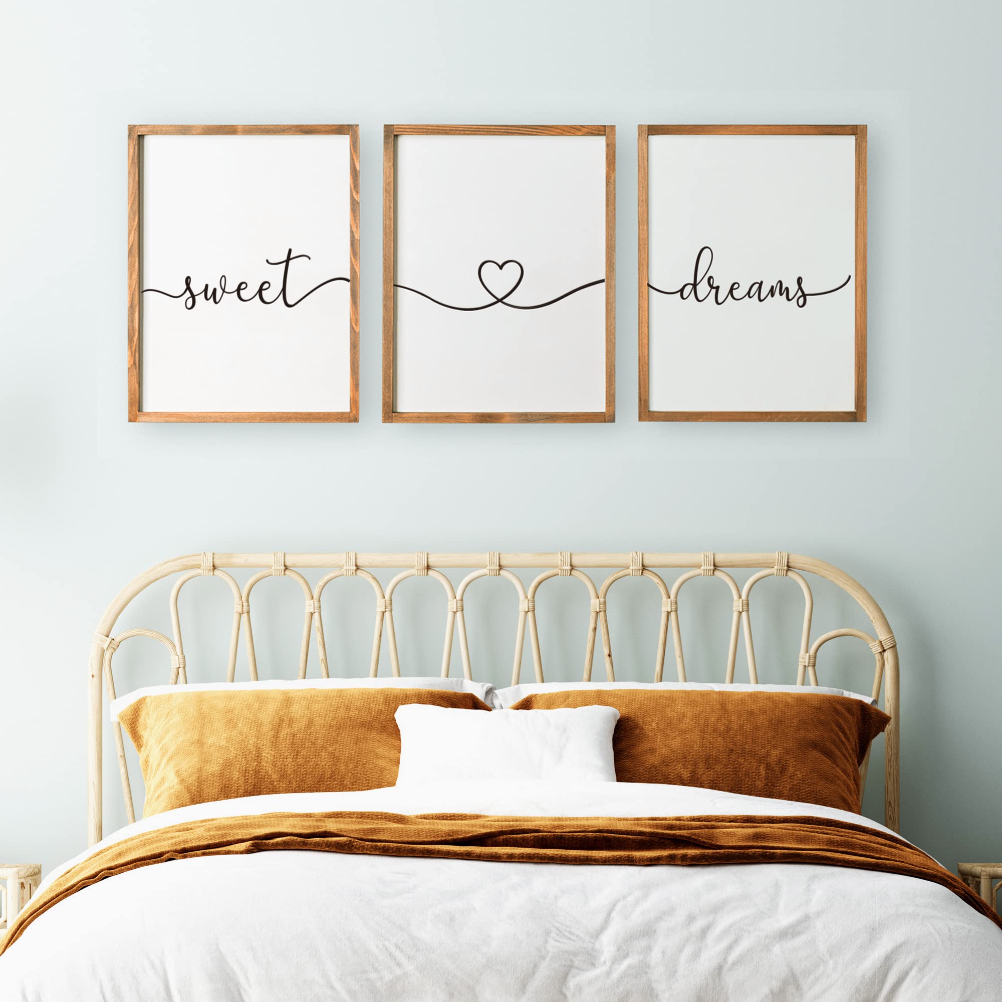 Set of 3 Framed Farmhouse Sweet Dreams Sign 11x14    Above Bed Wall Decor for Bedroom Decor Wall Art Wood Signs (11x14, Brown)