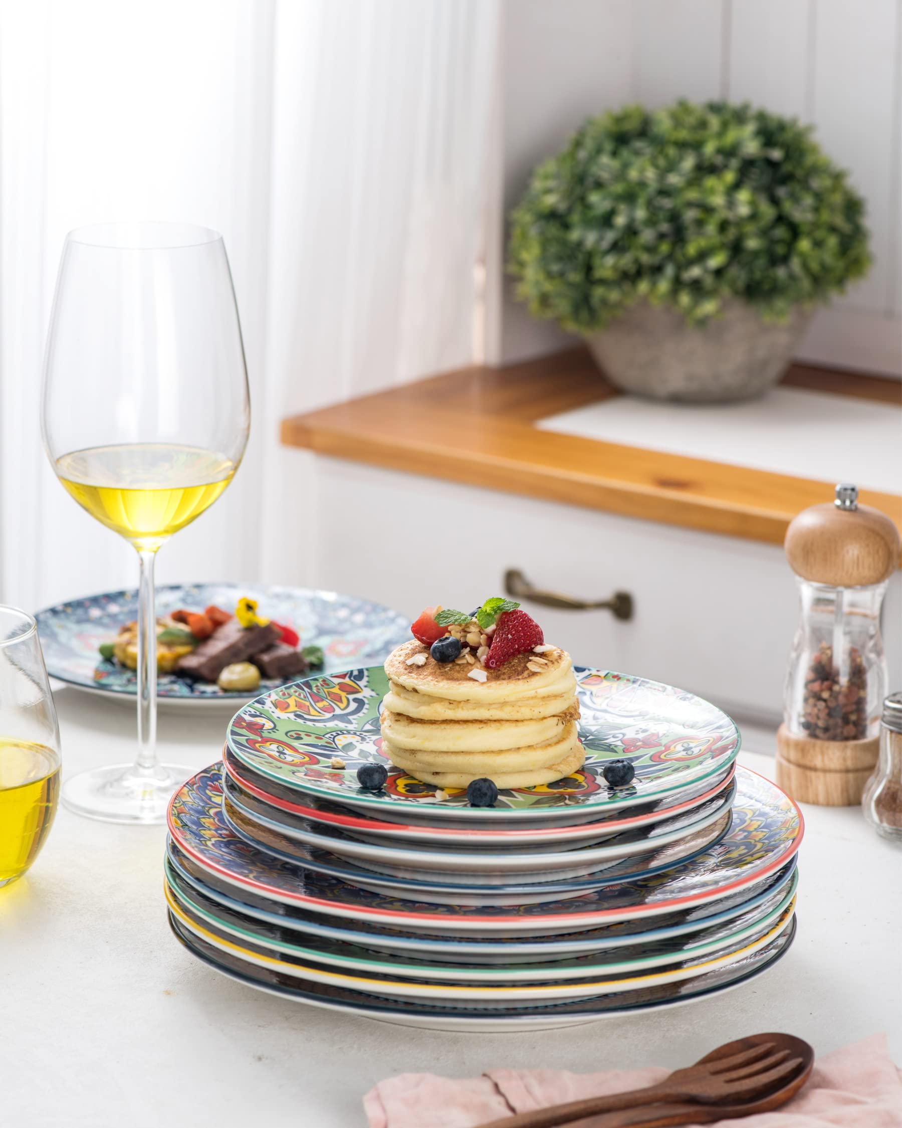 HENXFEN LEAD Ceramic Dinner Plates Set of 6-10.6 Inch Large Dessert  Pasta  Salad Plate  Porcelain Colorful Serving Dishes for Kitchen & Restaurant  Dishware  Microwave & Oven safe - Bohemian Style
