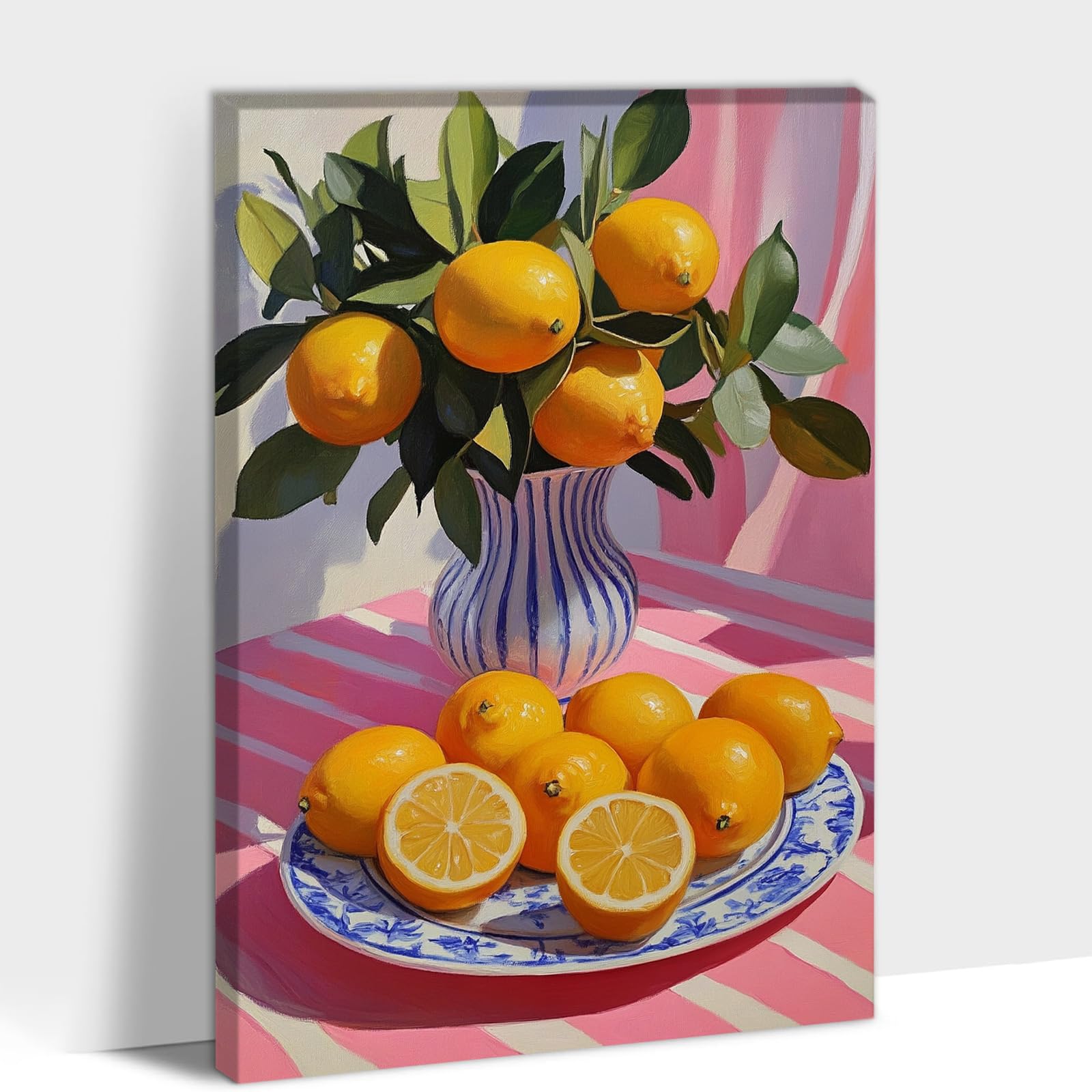 Uzmkm Lemon Wall Art, Oranges Poster & Blue White Vase Canvas Prints For Kitchen Wall Decor, Framed Modern Country Landscape Bot