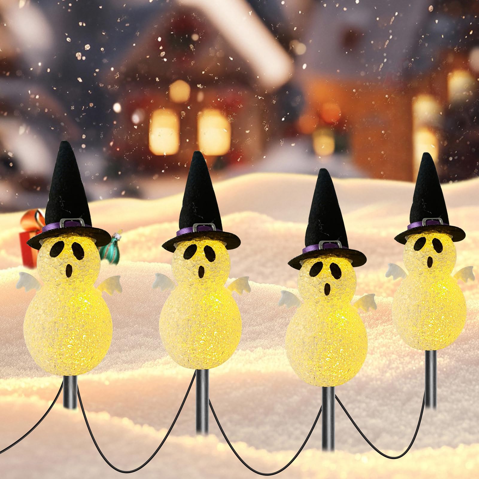 Halloween Light Stakes Ghost Lights Outdoor 7ft 4 Ghosts with 4 Stakes Light Up for Yard Driveway Garden Yard Lawn Halloween Dec