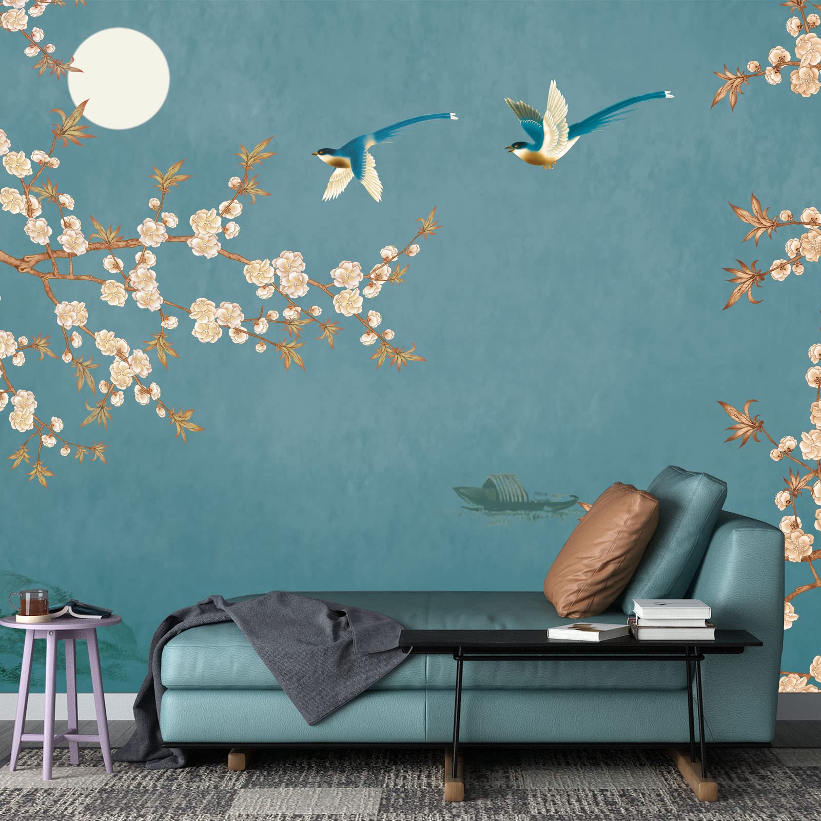 MFWFM Spring Flowers Bird Wallpaper Chinoiserie Tree Wall Mural Blue Background Wall Decals (Not Peel n Stick)