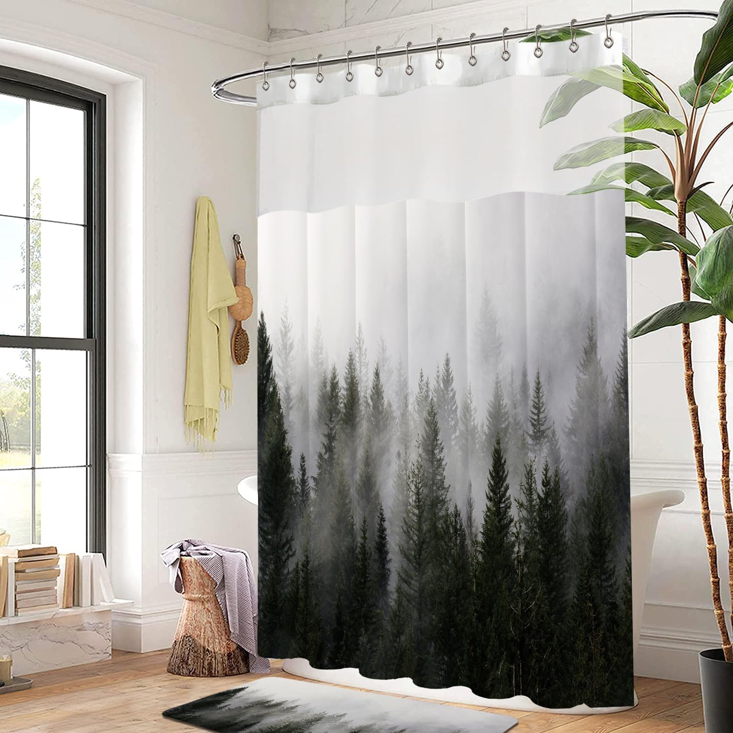 Ortigia Double Misty Forest Shower Curtain Set With Snap In Liner For Bathroom, Dark Green Nature Shower Curtains With See Throu