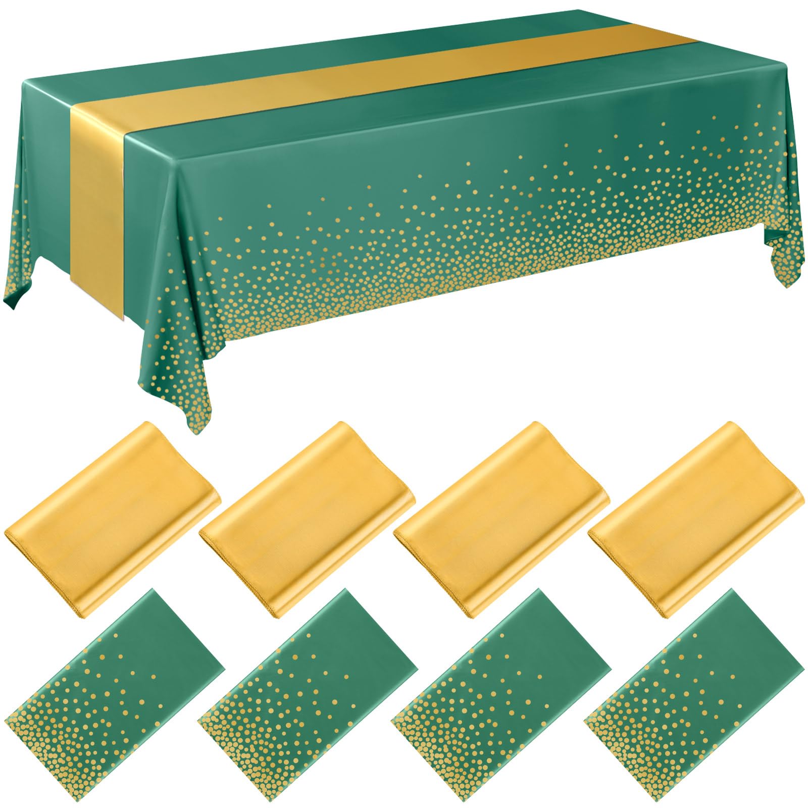 Breling 8 Pack Green and Gold Disposable Plastic Tablecloths and Satin Table Runner Set, 54 x 108 Inch Tablecloth, 12 x 108 Inch