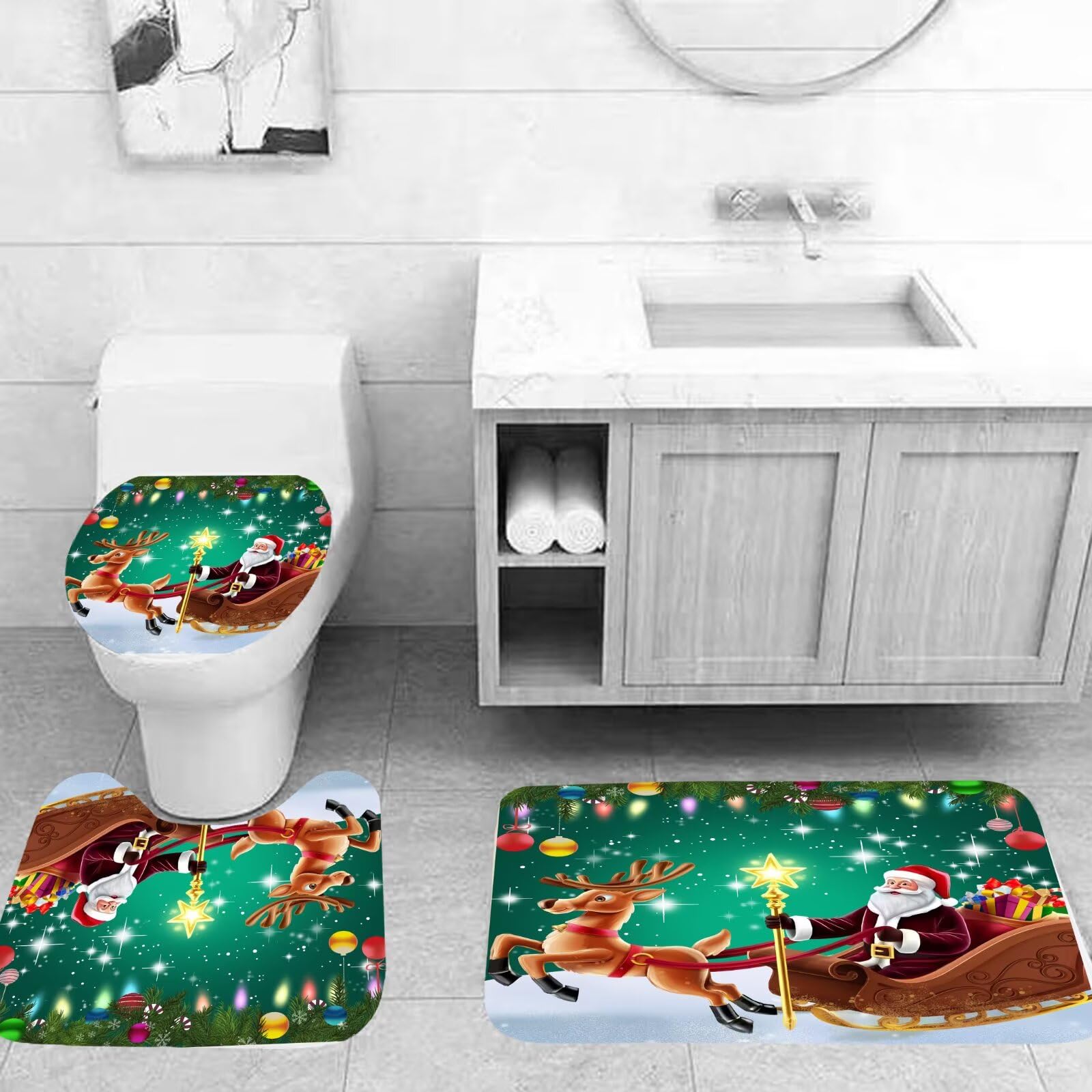 AYULO 4PCS Christmas Santa Reindeer Shower Curtain Set, Rope Ball Green Pine Branches Holiday Decor with Rugs, Toilet Lid Cover