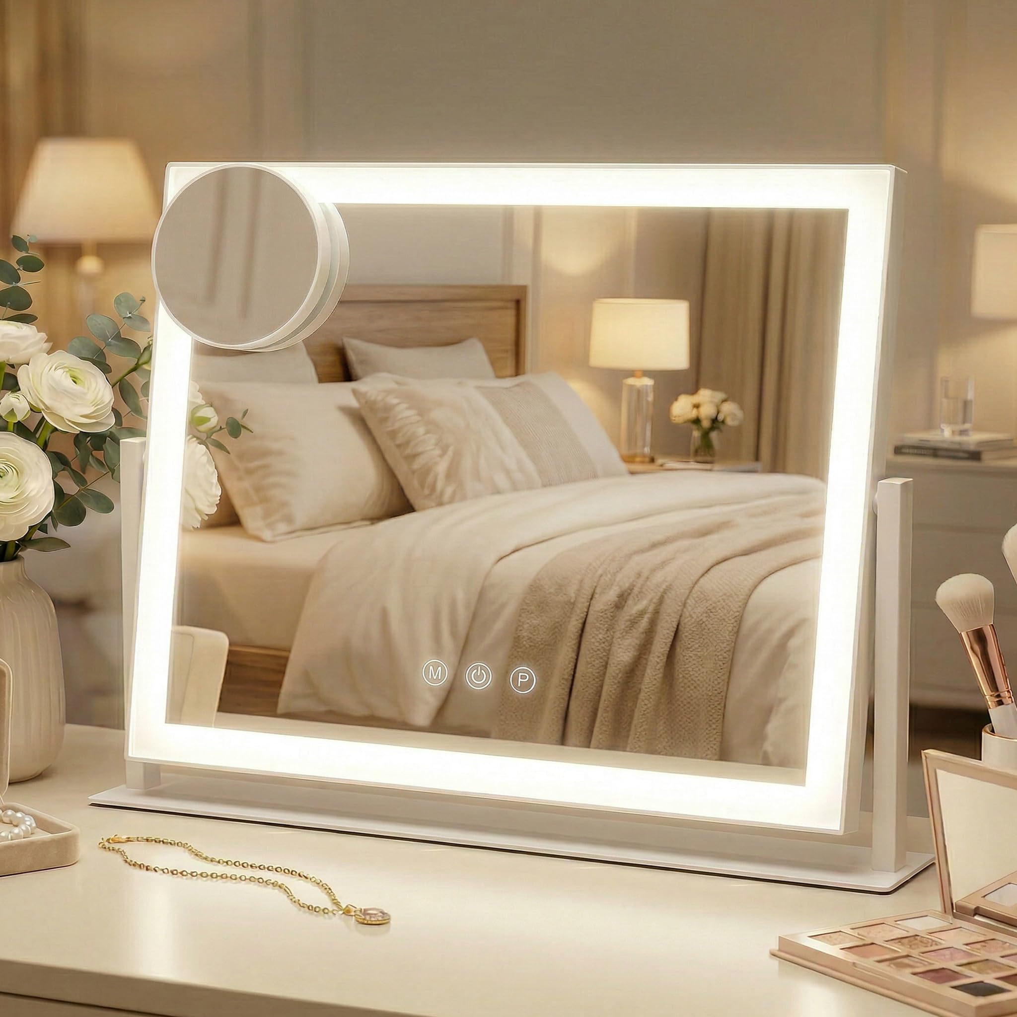 E-MeySource Vanity Mirror with LED Lights, 16.4x12.2 Inch Makeup Mirror, 3-Color Dimmable Touch Screen, 5X Magnification, 360 Ro