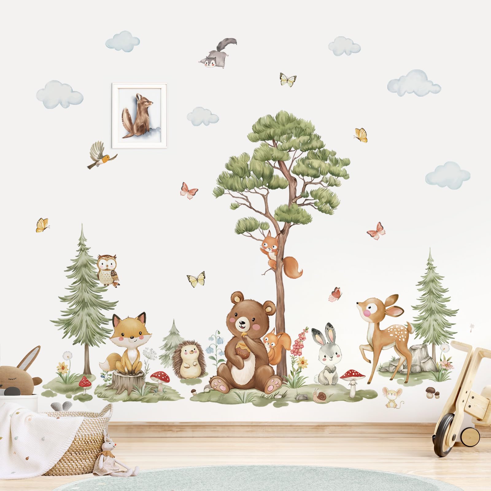 Wondever Woodland Animals Wall Stickers Large Pine Tree Forest Bear Deer Fox Peel And Stick Wall Art Decals For Baby Nursery Kid