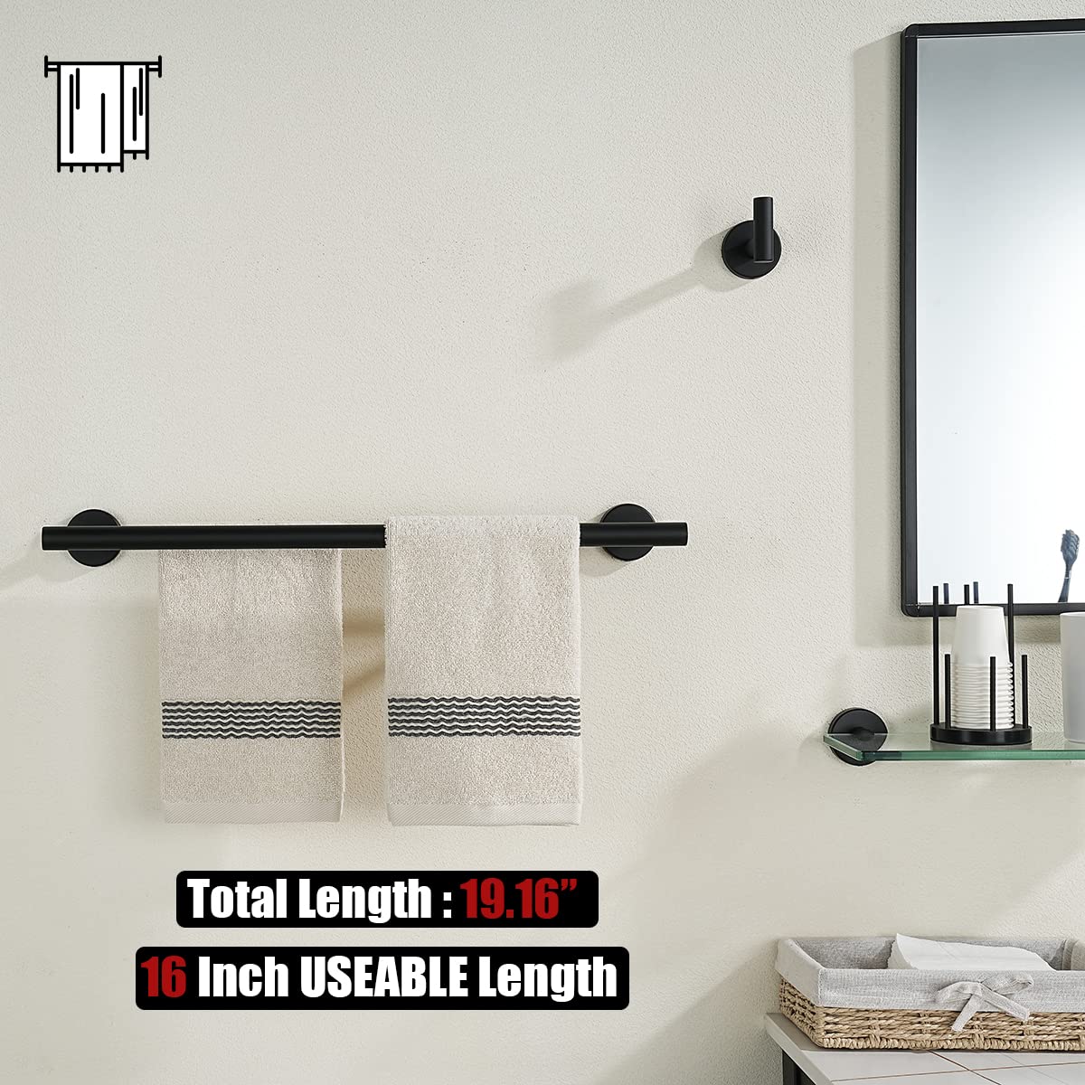 JQK Black Double Towel Bar  16 Inch 304 Stainless Steel Thicken 0.8mm Towel Rack Bathroom  Towel Holder Matte Black Wall Mount  Total Length 19.16 Inch  TB100L16-PB
