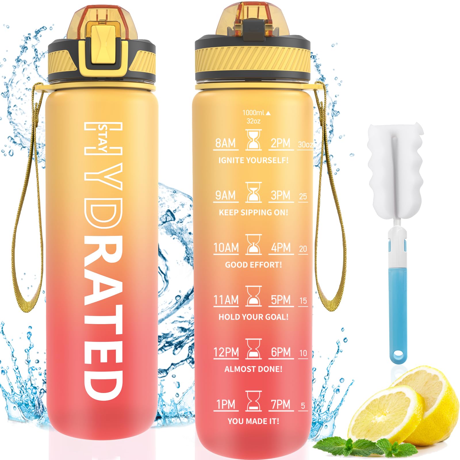 Qlur Water Bottle With Straw, 32 Oz Motivational Water Bottles With Time Marker To Drink, Tritan Bpa Free, 1L Sports Water Bottl