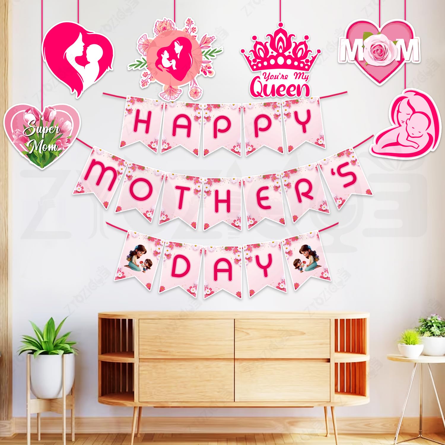 Zyozique Happy Mothers Day Paper Banner with Ceiling Hangings, Pink Floral Party Decorations Set, Happy Mothers Day Decorations