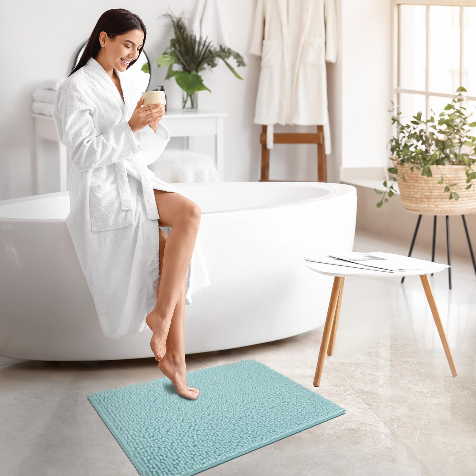 Techmilly Soft Fluffy Chenille Bathroom Rugs, Non Slip Absorbent Bath Mats For Bathroom, Washable And Quick Dry, Light Blue, 20'