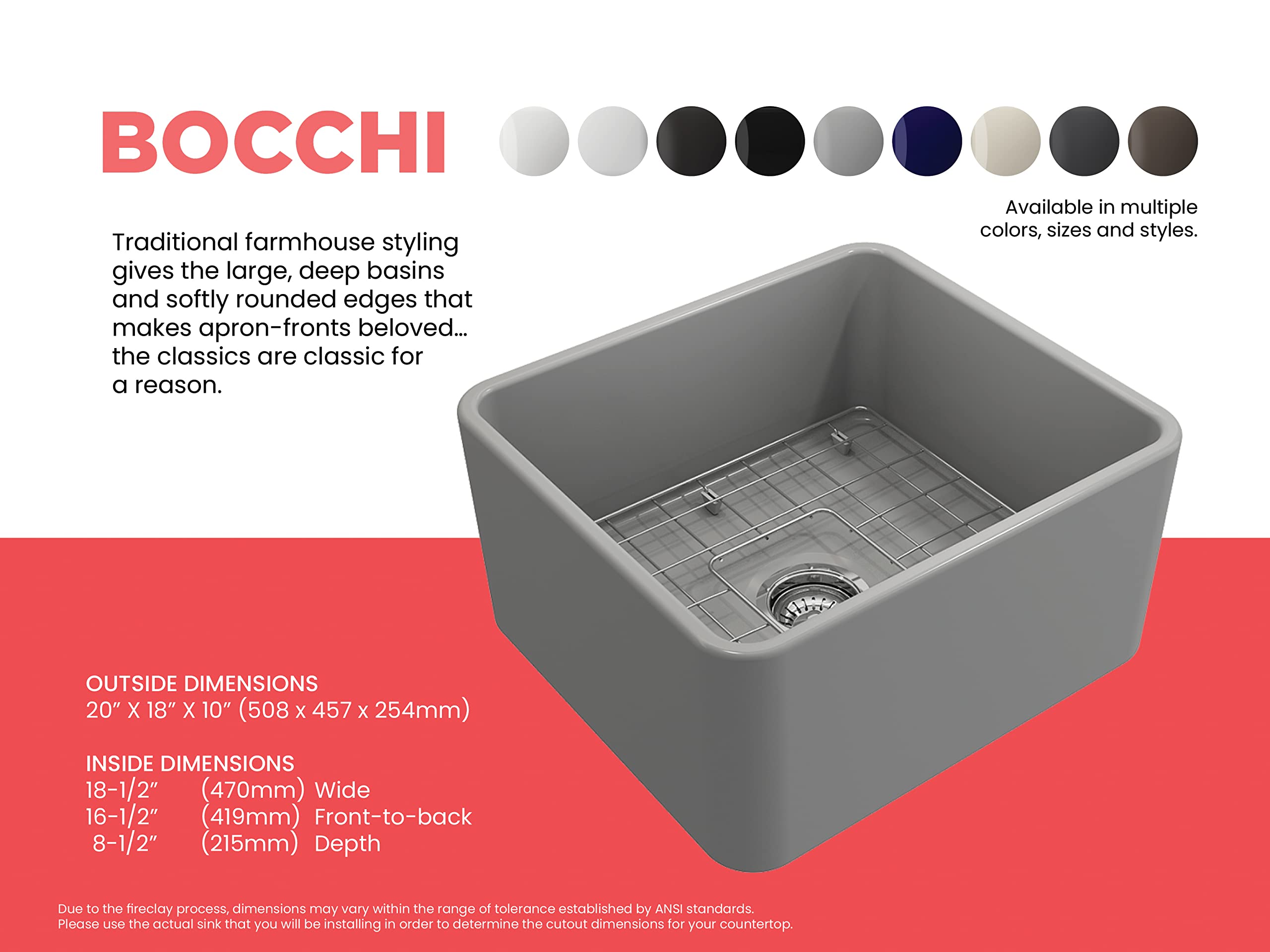 Bocchi Classico Farmhouse Apron Front Fireclay 20 In. Single Bowl Kitchen Sink With Protective Bottom Grid And Strainer In M.Gra