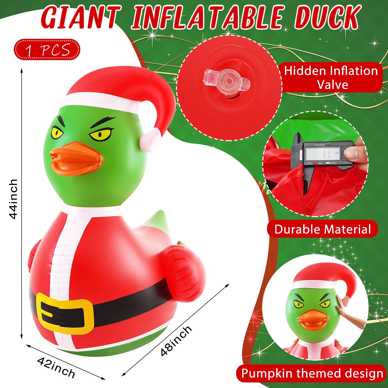 Hungdao 1 Pcs 4 Feet PVC Christmas Giant Inflatable Green Hair Monster Duck Huge Rubber Large Blow up Duck Christmas Pool Floats