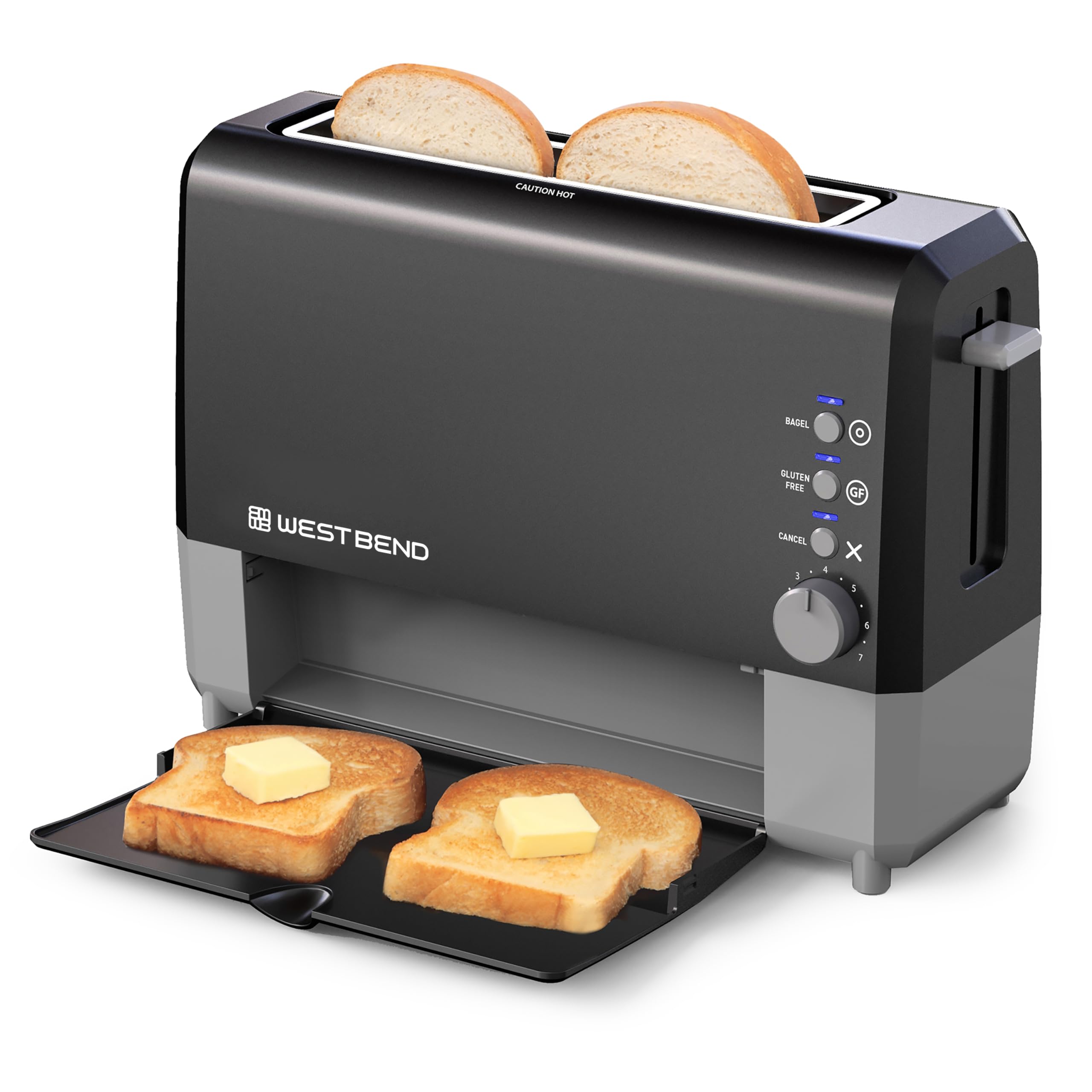 West Bend QuikServe Toaster 2-Slice, Black, Bagel & Gluten-Free Settings, 1400-Watts, Cool-Touch Exterior, Model 77224