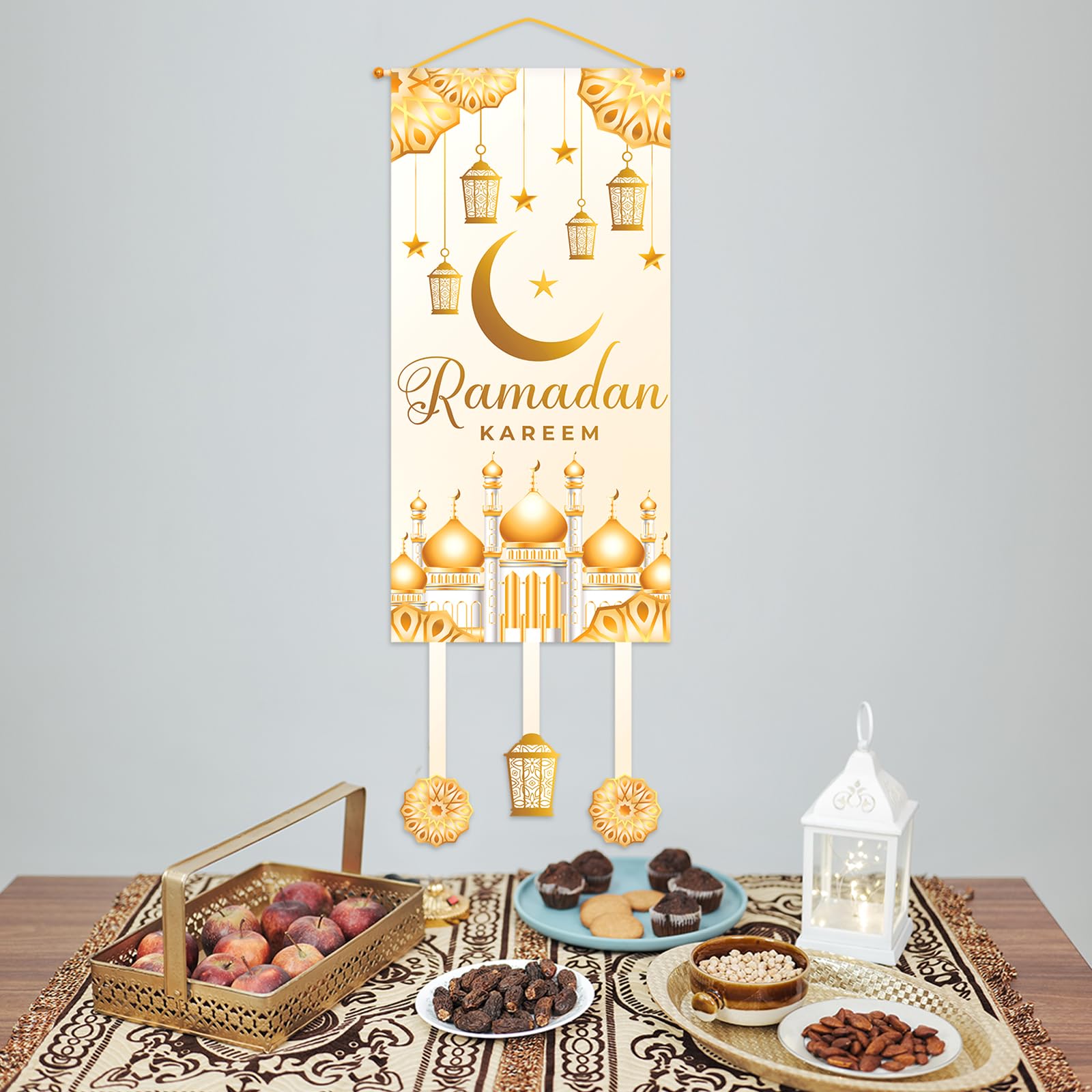 Eid Mubarak Ramadan Hanging Door Decoration-White Gold Moon Lantern Hanging Banner For Ramadan Decorations, 2024 Ramadan Decor E