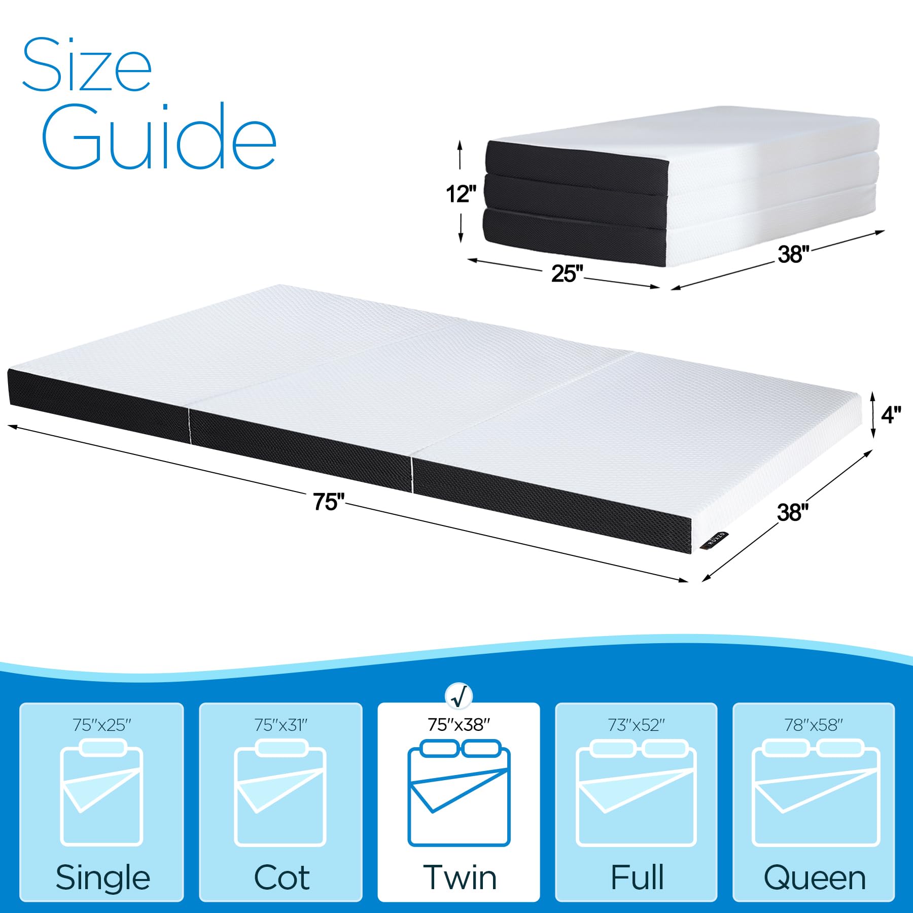 Roxzo Folding Mattress,4 Inch Twin Tri-Folding Memory Form Mattress, Portable Trifold Mattress Topper With Washable Cover, Non-S