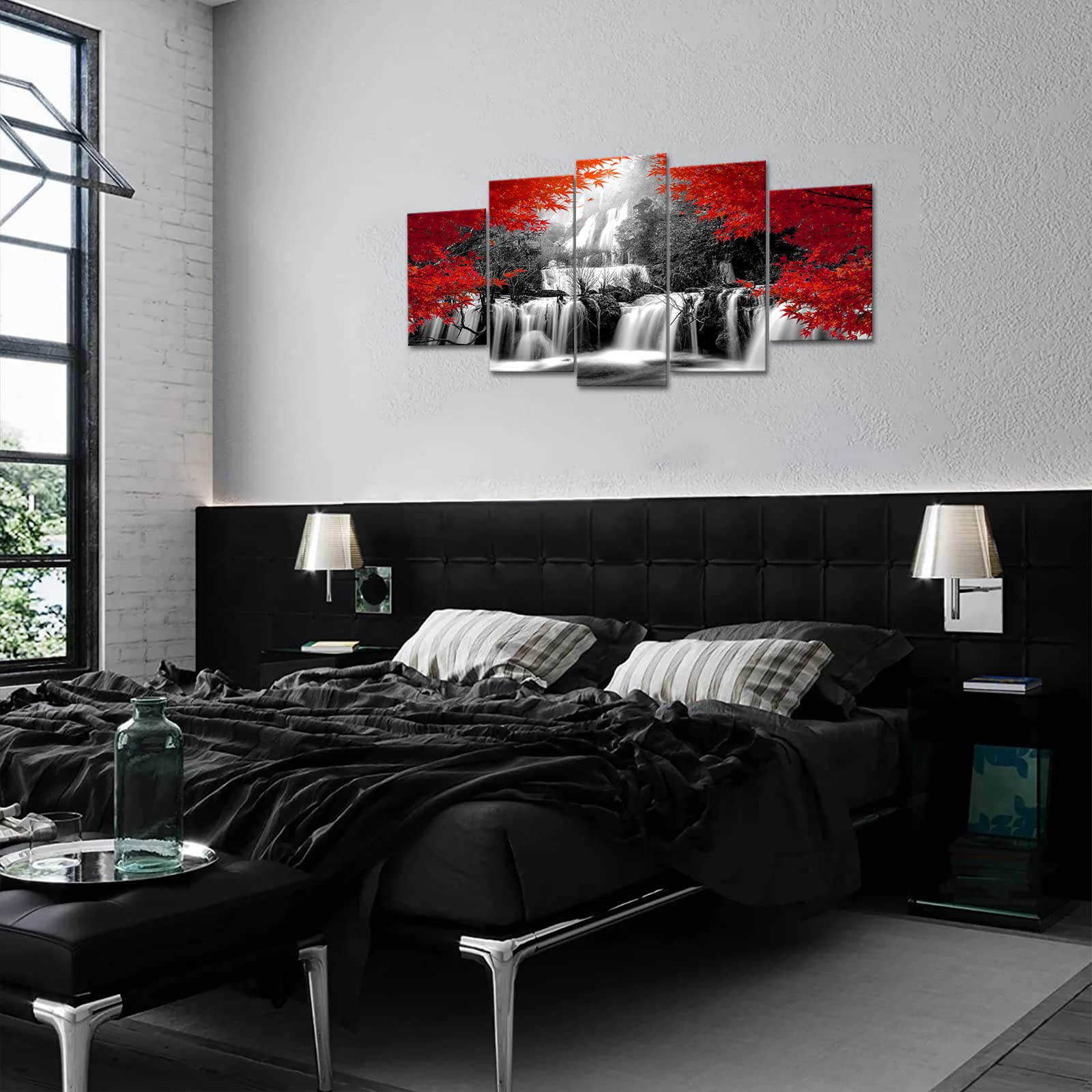 Vanseeing 5 Pieces Autumn Forest Waterfall Canvas Wall Art Red Tree Nature Scenery Picture Dreamlike River Natural Landscape Art