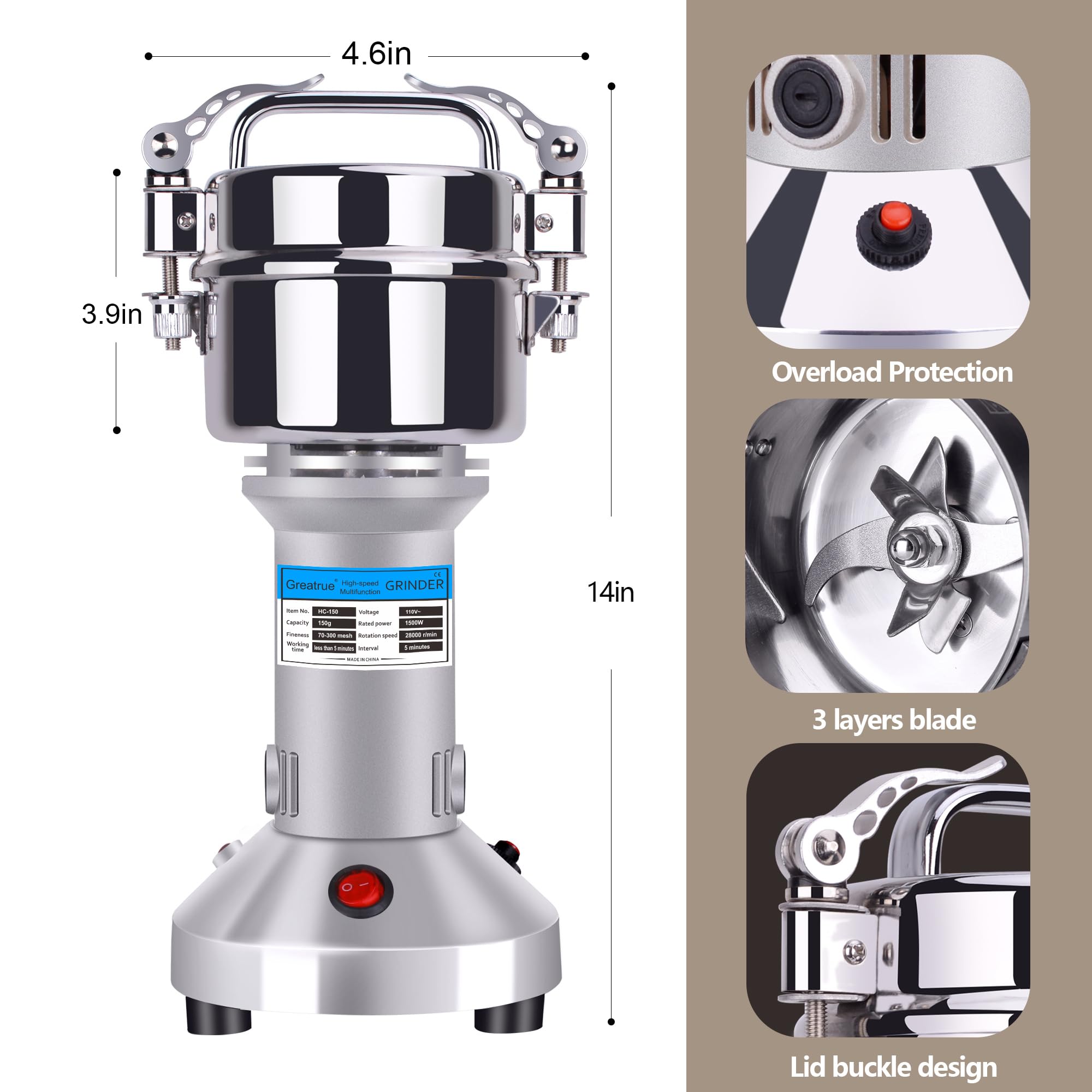 Greatrue Electric Grain Mill Grinder Spice Grinder Flour Mill Wheat Cereals Herb Pulverizer For Kitchen,150G High Speed Dry Spic