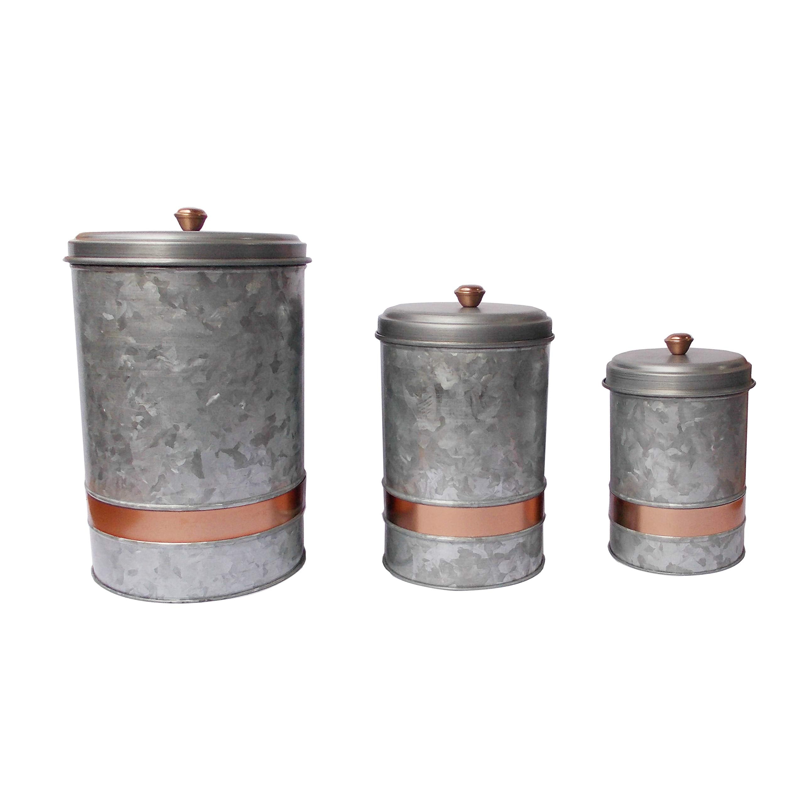 Benzara AMC0014 Galvanized Metal Lidded Canister with Copper Band, Set of Three, Gray