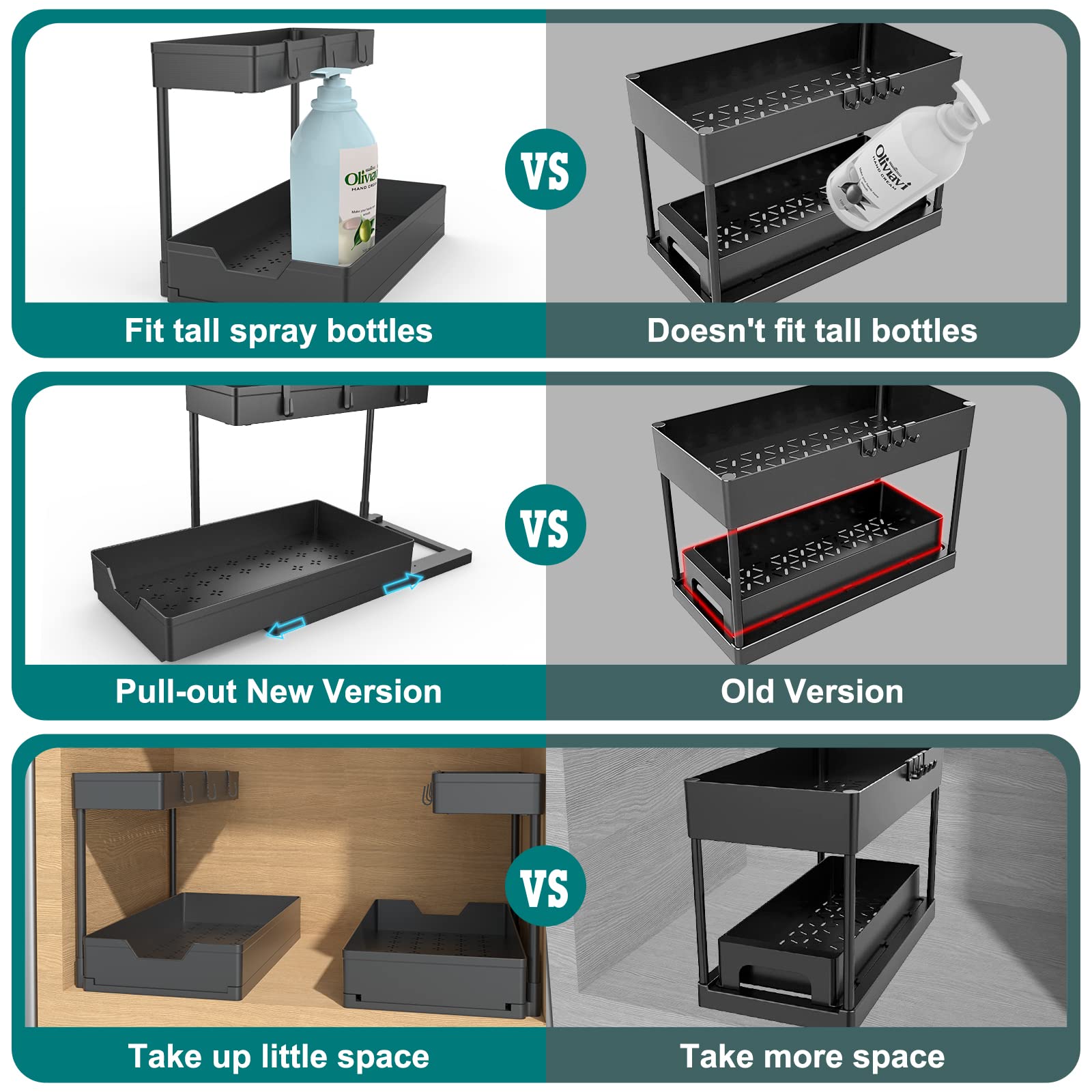 2-Tier Under Sink Organizers, 2 Pack Sliding L-Shape Cabinet Organizers Narrow Space Storage Multi-Purpose Sink Organizer For Ba
