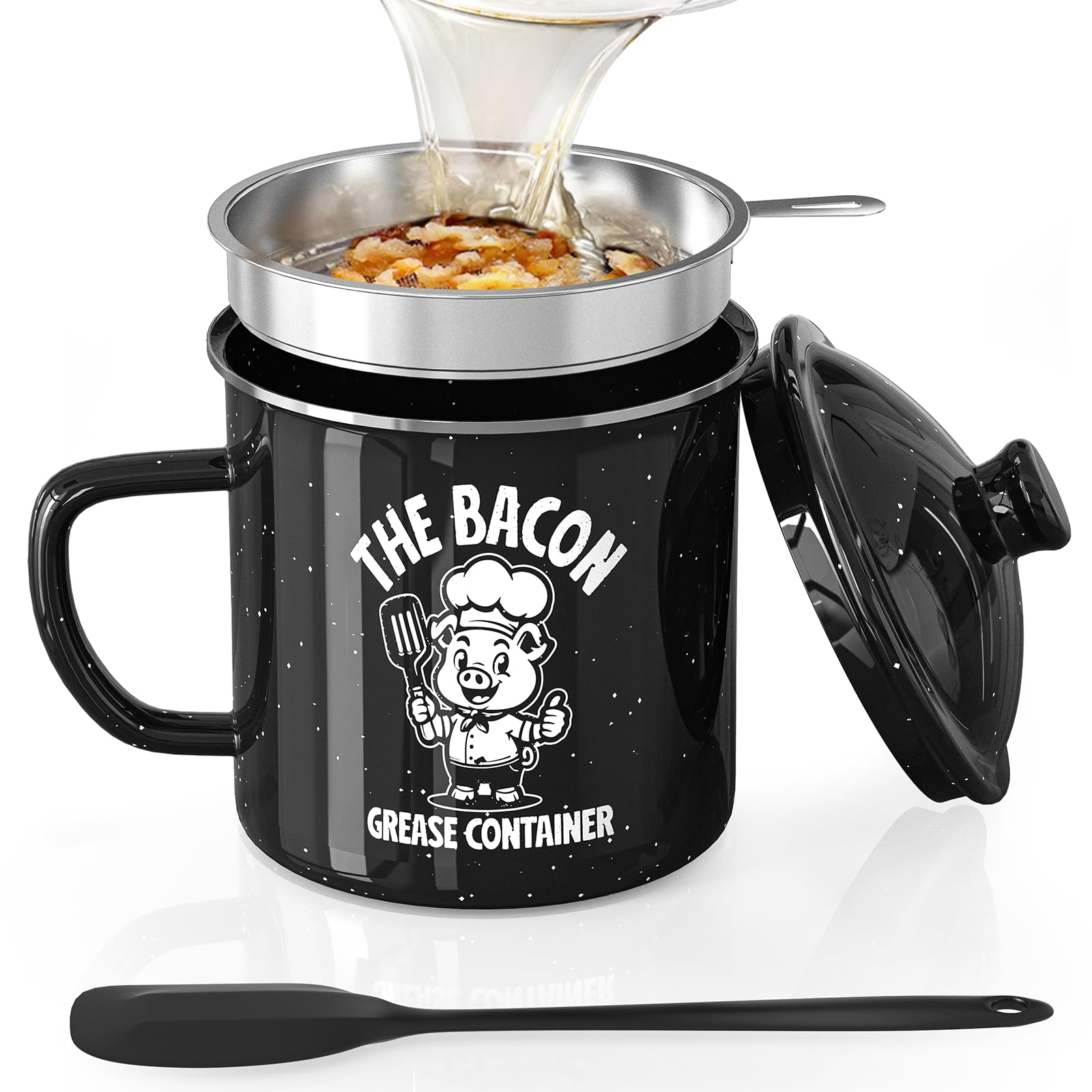 Pgyard Bacon Grease Saver With Strainer - 46Oz Enamel Grease Container, Farmhouse Bacon Grease Keeper For Kitchen Fat Storage, D