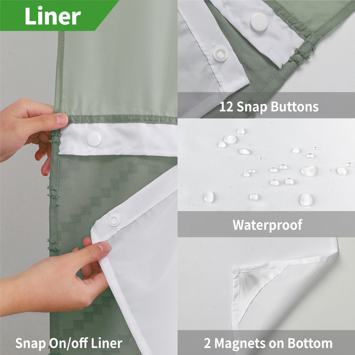 Eachope Long No Hook Tufted Chevron Striped Shower Curtain With Snap-In Fabric Liner Set-71Wx80H(78H),Sage Green Hotel Grade Boh