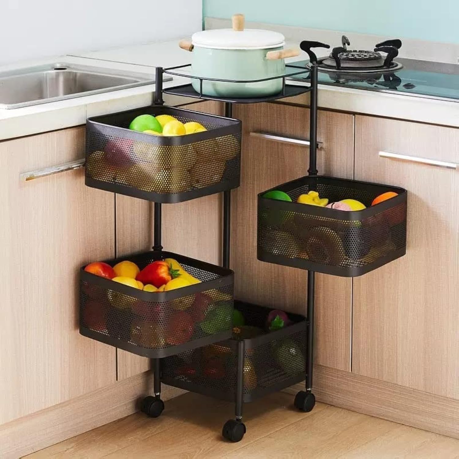 Privesh Metal 4 Layer Kitchen Rotating Trolley Portable Storage Rack Square Design Fruits & Vegetable Onion Cutlery, Spice, Jars