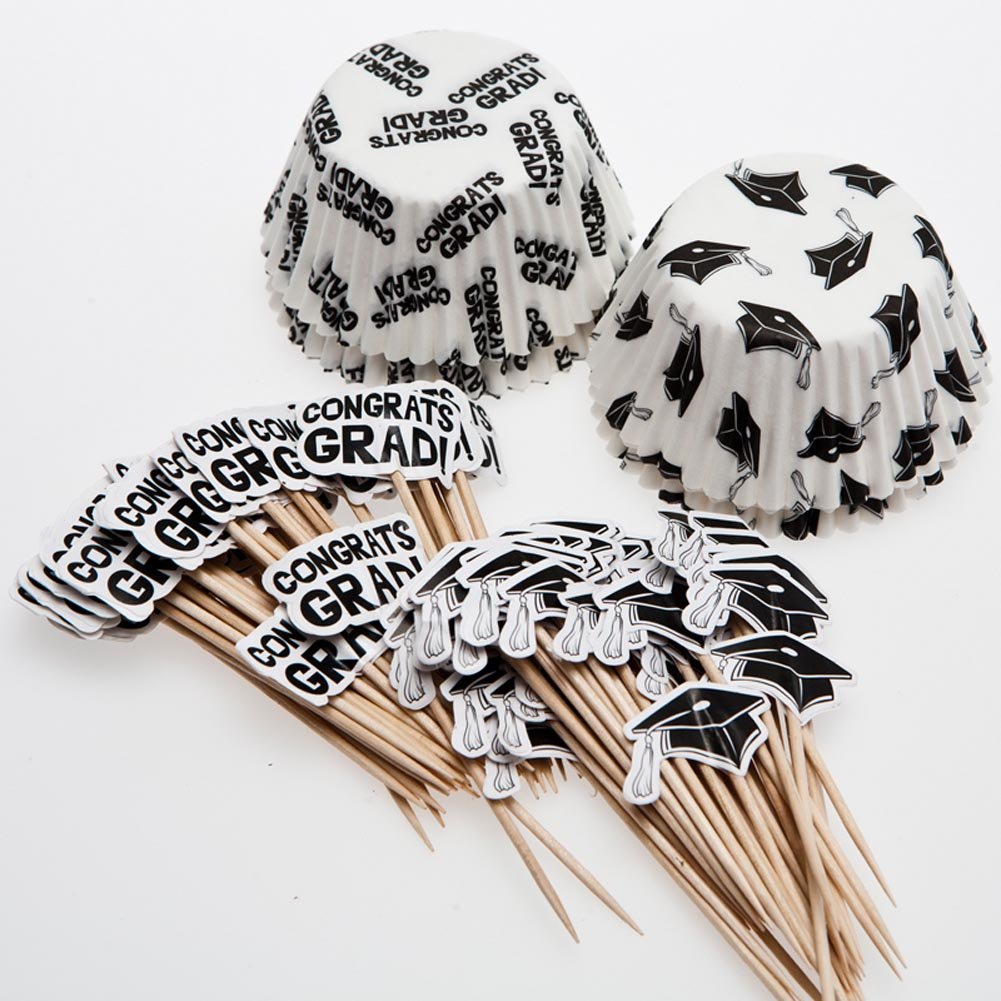 Fun Express Graduation Cupcake Liners with Picks (100 Picks and 100 Cupcake Liners) Congrats Grad and Graduation Cap, Party Supp