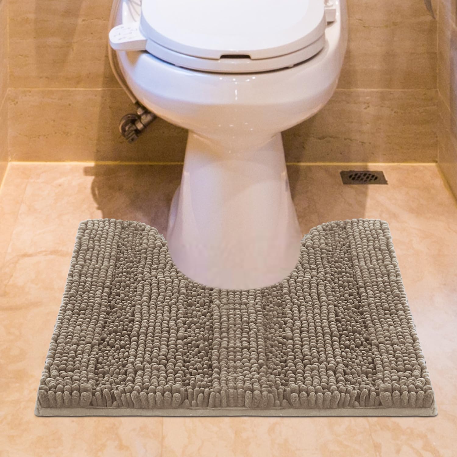 Accumtek Striped Dark Beige Toilet Bathroom Rug Mat 24'' X 20'' Contour Rug Ultra Soft, Non Slip Chenille Bath Rugs, Absorbent P