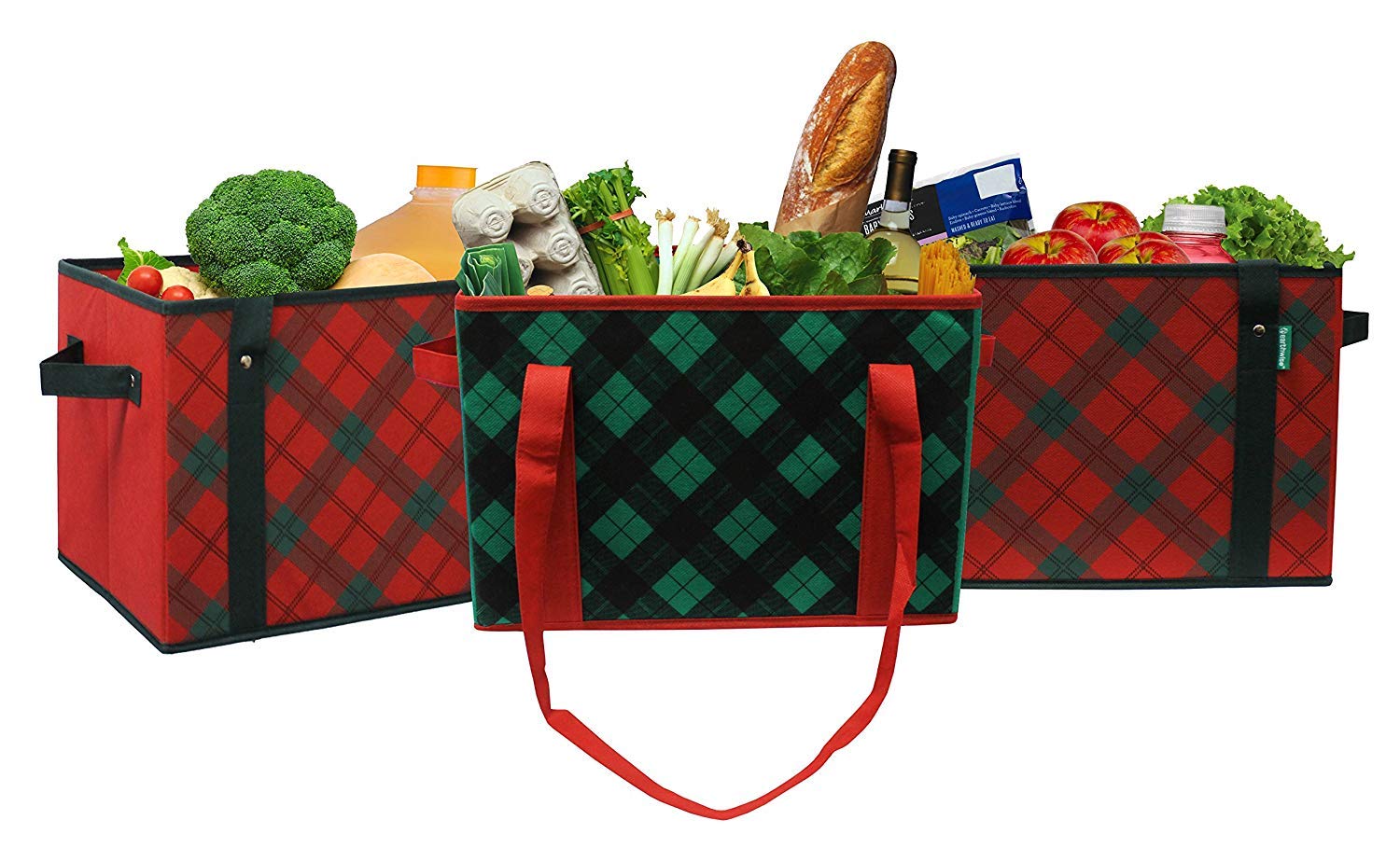 Earthwise Deluxe Collapsible Grocery Bag Set of 3 - Green Plaid Design, Reinforced Bottom, Perfect for Holiday Storage