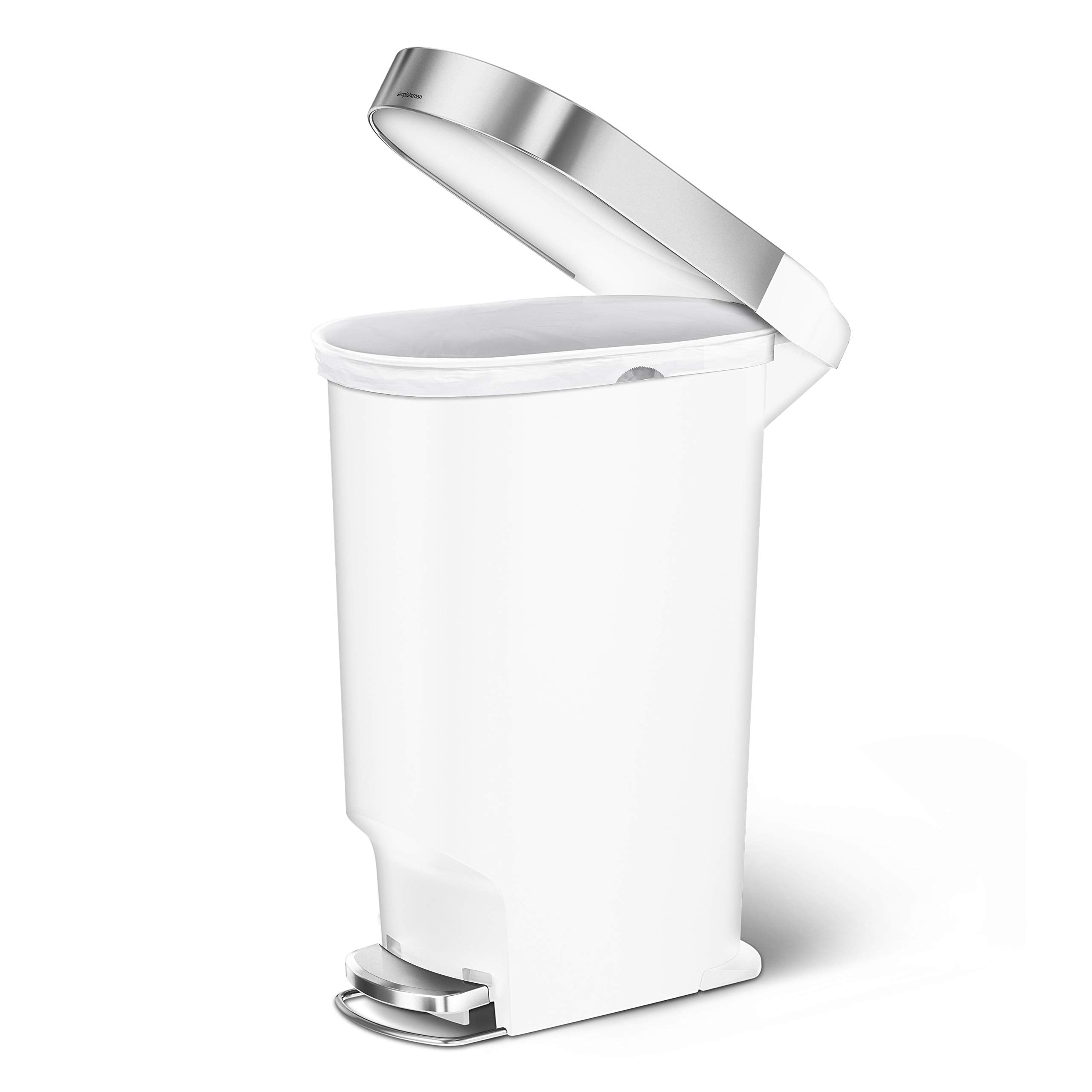 simplehuman 40 Liter / 10.6 Gallon Slim Kitchen Step Trash Can with Liner Rim  40L  White