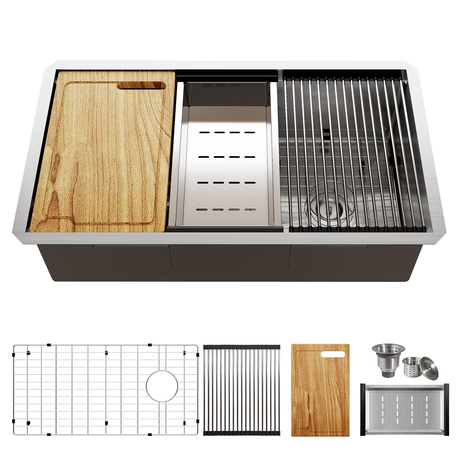 32 Inch Workstation Kitchen Sink, Tecasa Undermount Deep Single Bowl, Stainless Steel With Integrated Ledge And Accessories (Pac