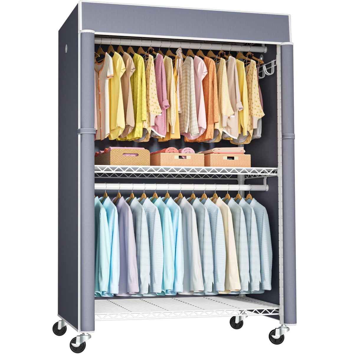 Futassi White Clothing Rack With Grey Cover, P1C Plus Rolling Closet Rack With Wheels, Metal Garment Rack For Hanging Clothes, C