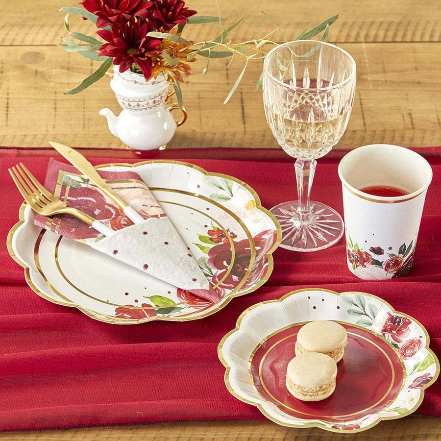Kate Aspen 32 Pcs Burgundy Blush Floral Paper Plates, 7 Inch Heavy Duty Disposable Party Plates, Party Supplies Tableware For Bi