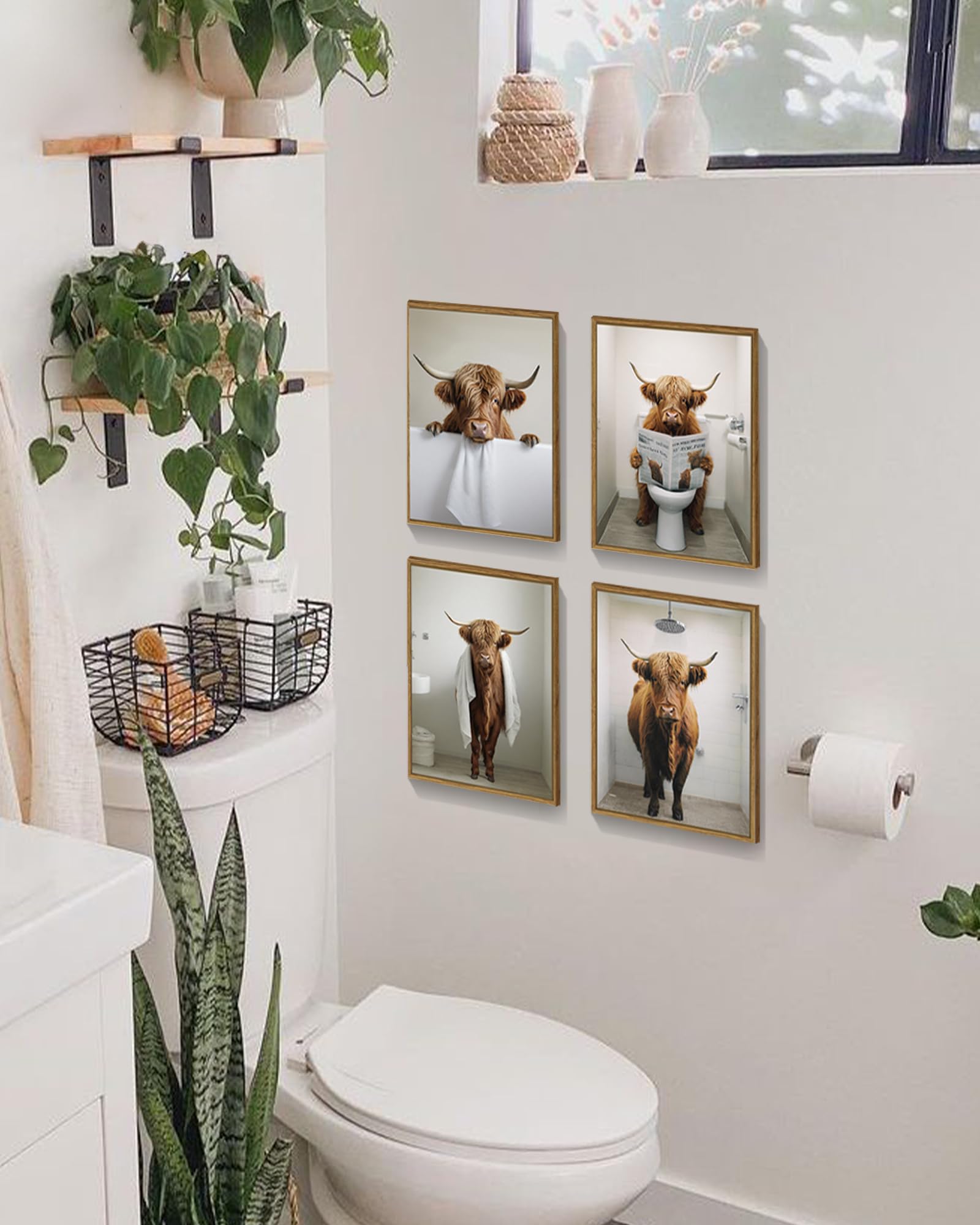 Funny Highland Cow Bathroom Wall Art Framed Rustic Cute Bathroom Canvas Prints For Bathroom Restroom Decor 8X10In (Framed)