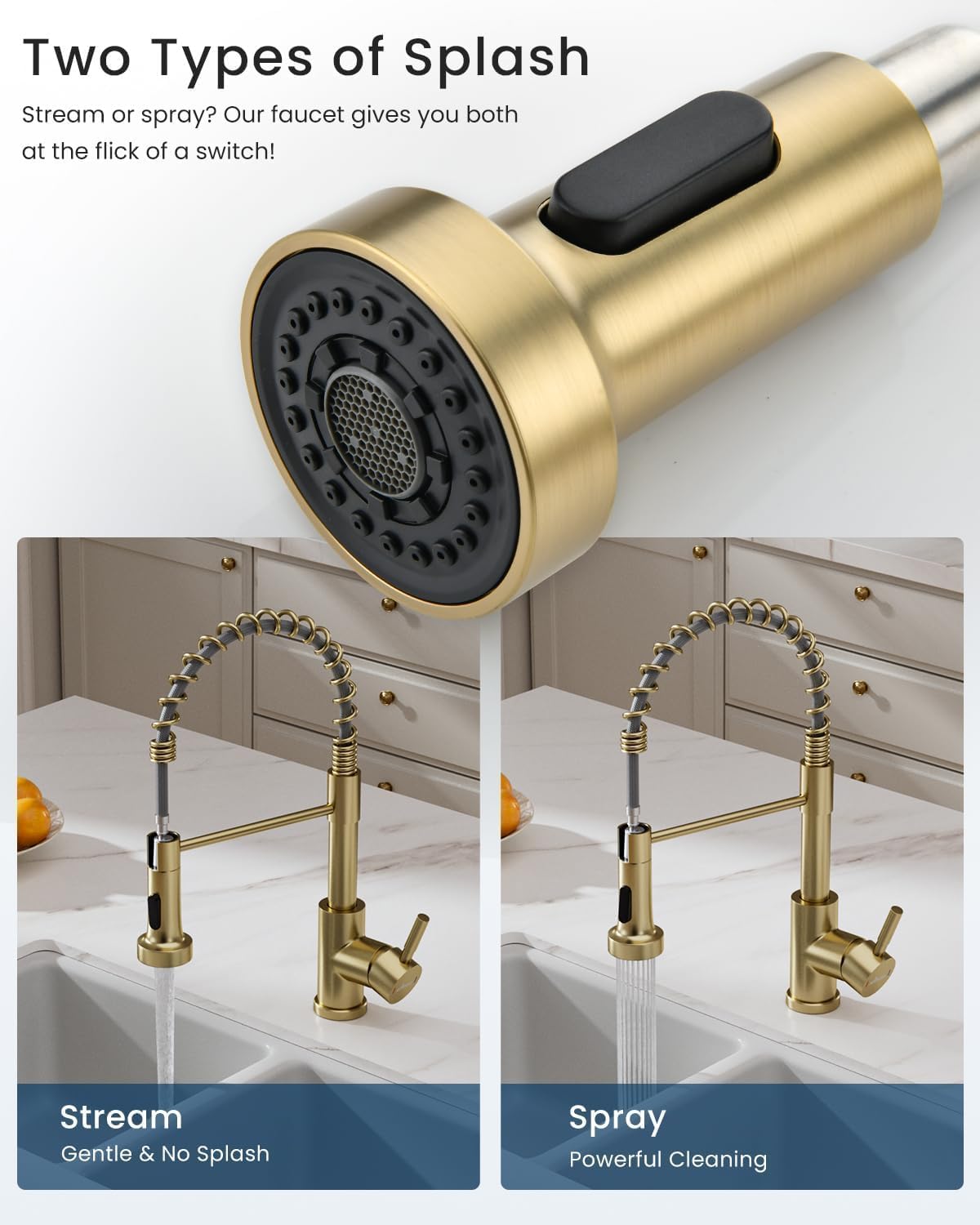 Appaso Gold Kitchen Faucet, Brushed Gold Kitchen Faucet With Pull Down Sprayer And Soap Dispenser, Commercial Kitchen Sink Fauce