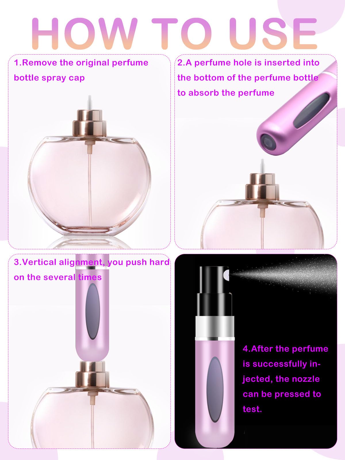 CUTEABC 5ml Travel Perfume Atomizer, Refillable Mini Spray Bottle, Aluminum, 4 Pack - Pink, Black, Gold, Silver