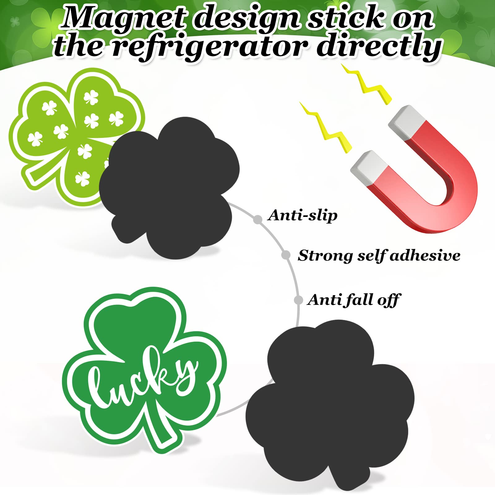 Whaline 17Pcs St. Patrick's Day Green Shamrock Refrigerator Magnets - Lucky Clover Decorative Stickers for Fridge, Car, Locker, and Office Decor