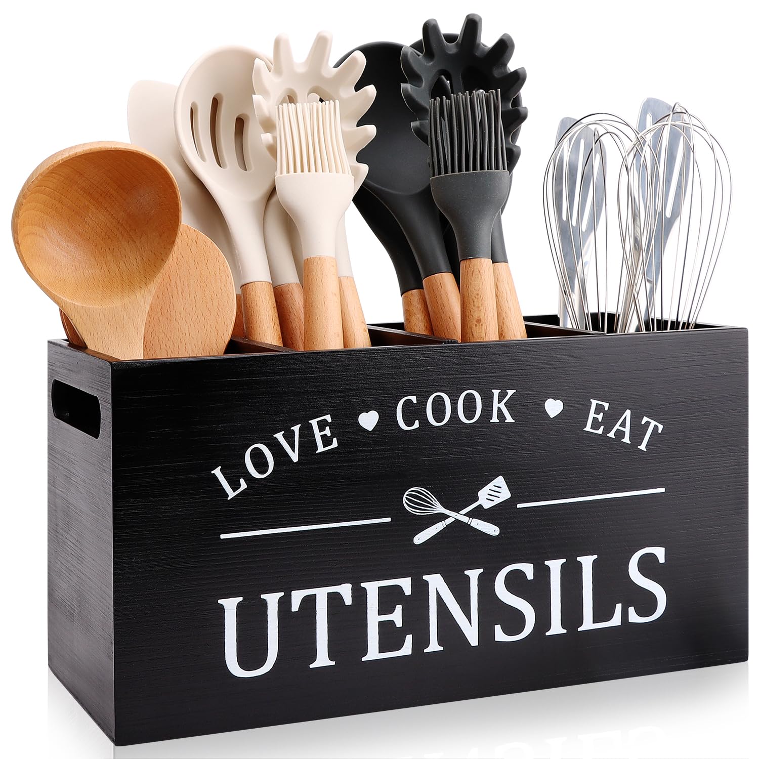 Black Extra Large Wood Cooking Utensil Holder Kitchen Spatula Spoon Holder