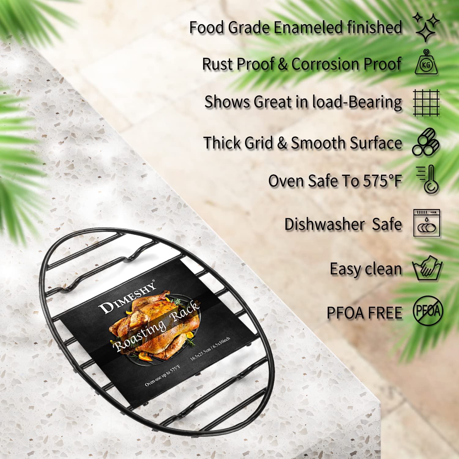Dimeshy Roasting Rack, Black With Integrated Feet, Enamel Finished, Nonstick, Fit For 13 Inches Oval Roasting Pan, Safety, Dishw